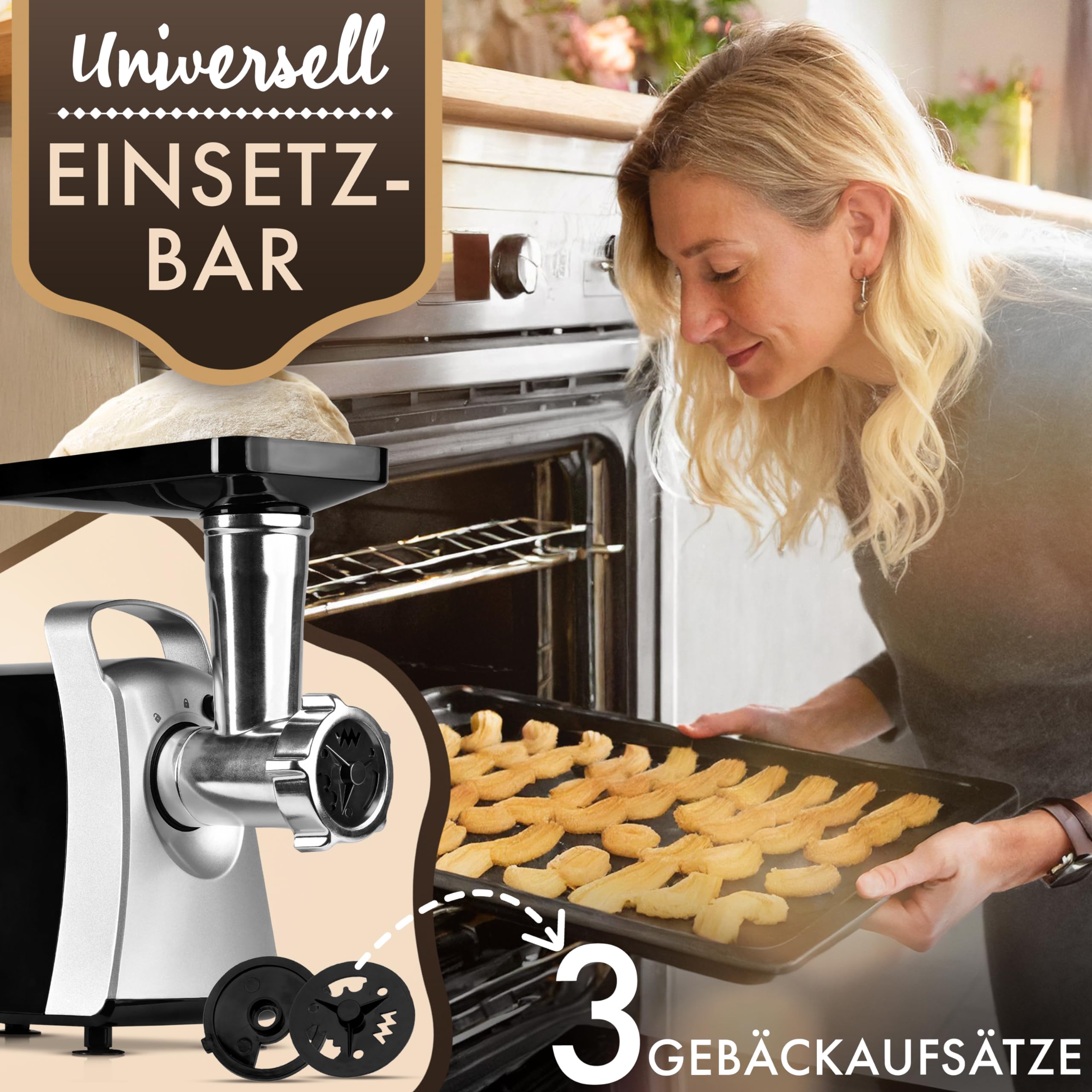 Bomann® Fleischwolf 1000W | mit Aufsatz für Plätzchen/Spritzgebäck | Fleischwolf elektrisch | 3 Metall-Lochscheiben | Vor- und Rücklauf | inkl. Wurstfüller | Metall-Hals u. Schnecke | FW 6067 CB