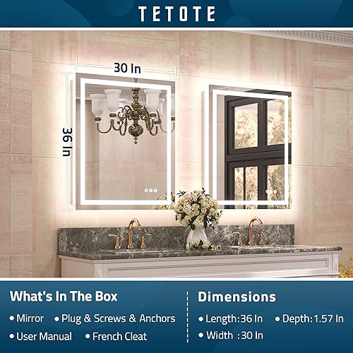 Miniatura 7 de TETOTE Espejo de baño LED de 30 x 36 pulgadas con luz frontal y retroiluminada, espejo de tocador antiniebla, sin escalones, regulable, 3 colores