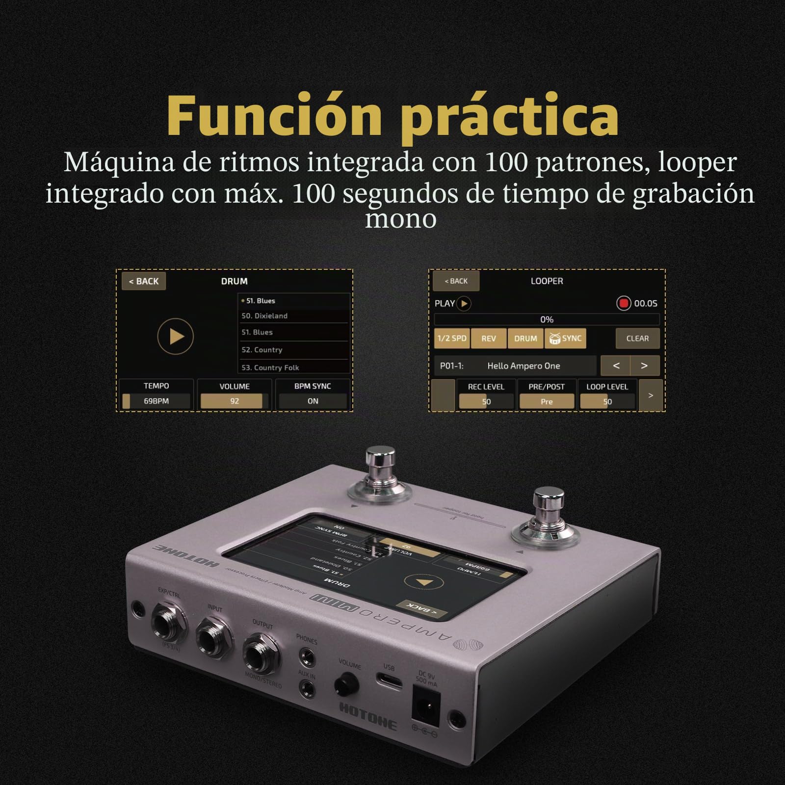 Hotone Guitar Bass Procesador Multi-Efectos Pantalla Táctil Guitar Bass Amp Modeling IR Cabinets Simulación Stereo OTG USB Audio Interface Multi Language Ampero Mini (Purple Taro)