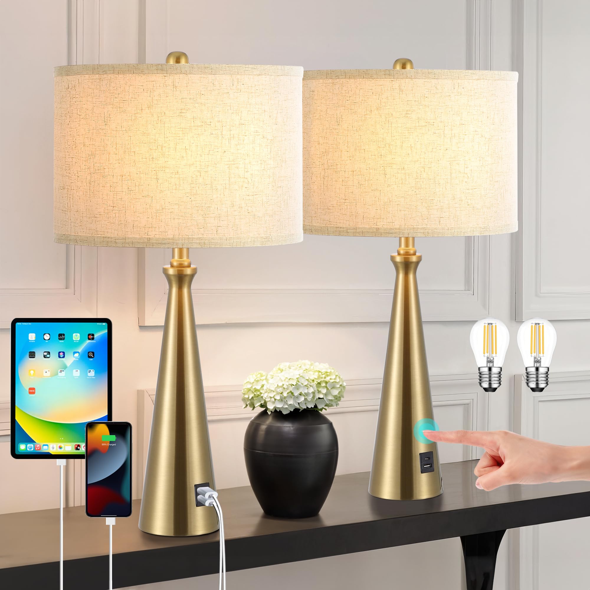 EOEYYOYB Lamp for Bedroom Set of 2 Lamps for Night Stand Modern Bedside Lamps Living Room End Table Lamps Gold