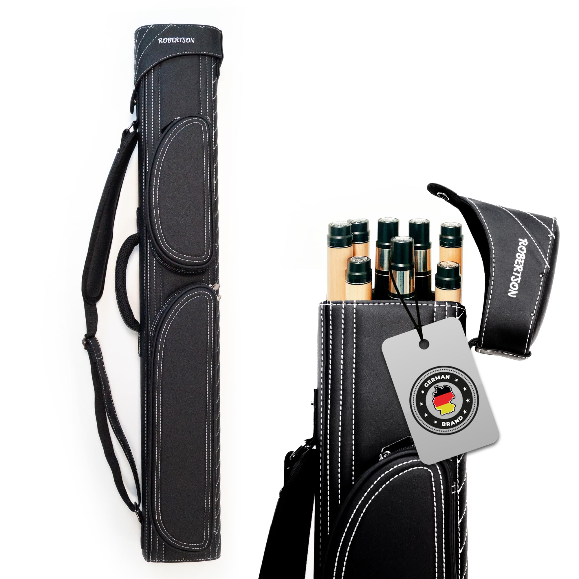 Robertson Billardköcher 3/5 Leder-Deluxe für 3 Queues und 2 Oberteile, Exklusives Profi-Case, mit großen Zubehörtaschen, edle Handarbeit, weiße Ziernähte und Tragegurt