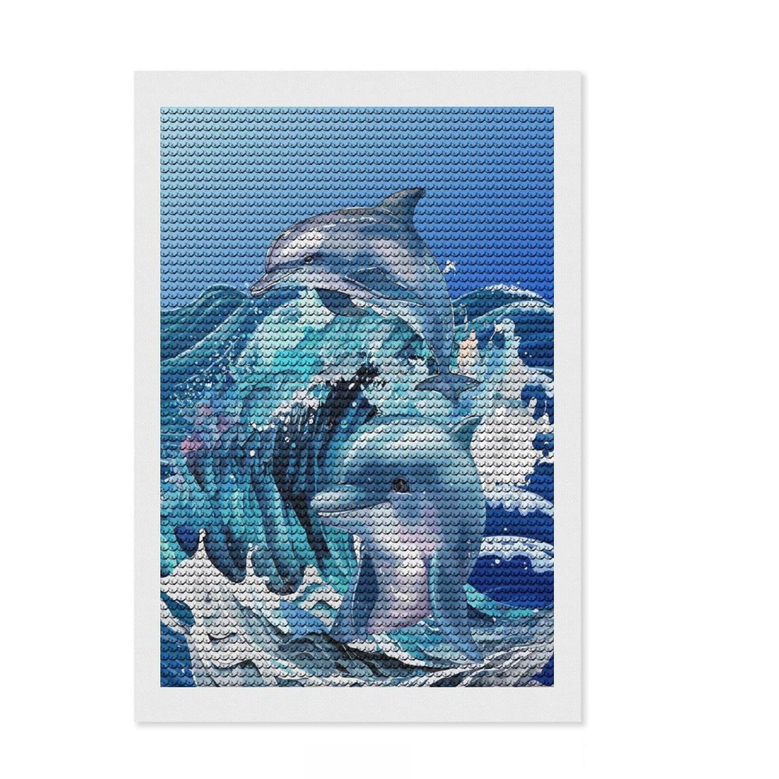 Junmoney Dolphins in The Surf Diamond Painting Canvas Set 8"x12", Calming Craft to Unwind, with Tool Kit, Office Decor, Christmas Gift