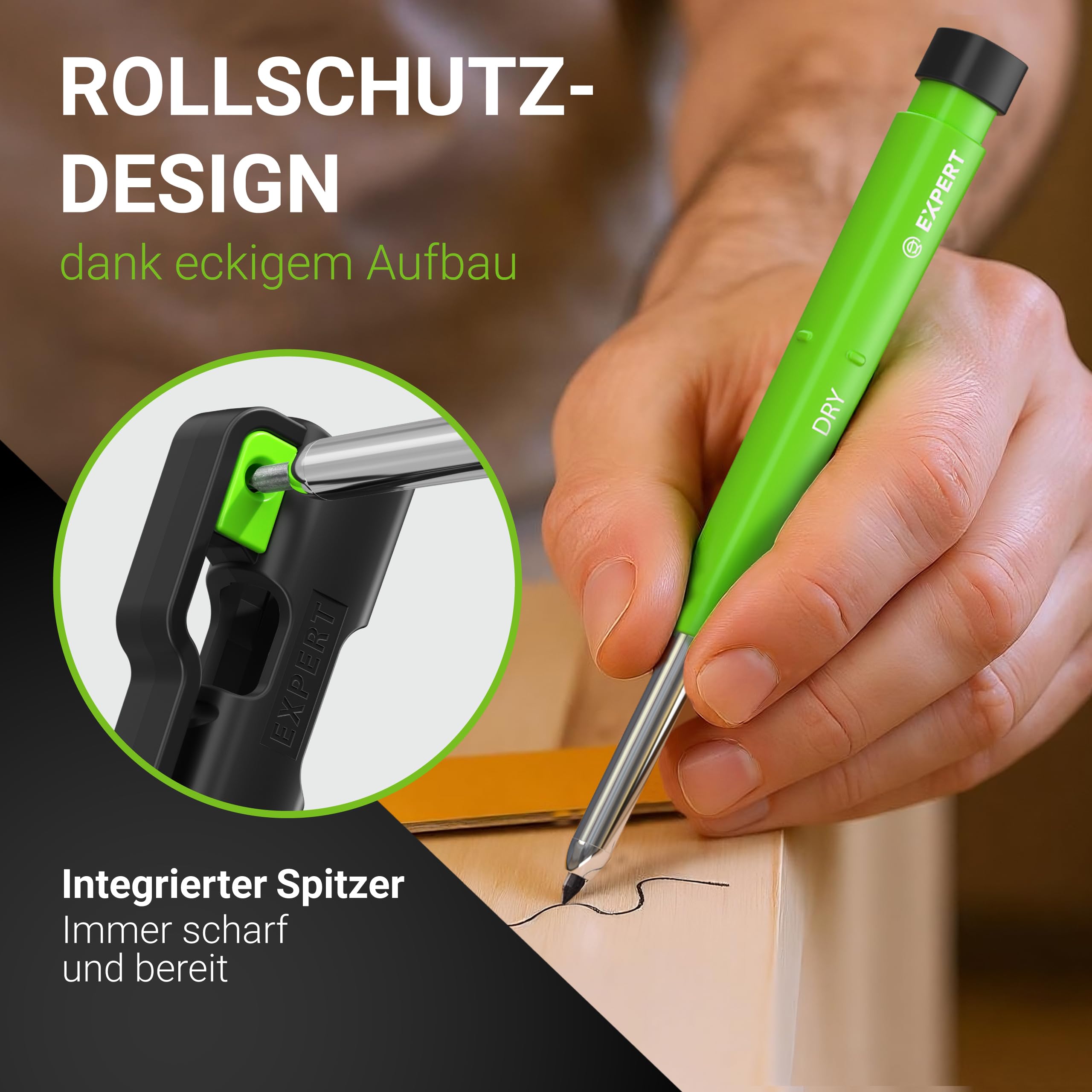 EXPERT DRY Zimmermannsbleistift inkl. 11 Minen | Mit integriertem Spitzer | Nachfüllbarer Tieflochmarker mit Graphit-Minen-Set | Handwerker Bleistift für Holz, Glas oder Metall | Bleistift Baustelle