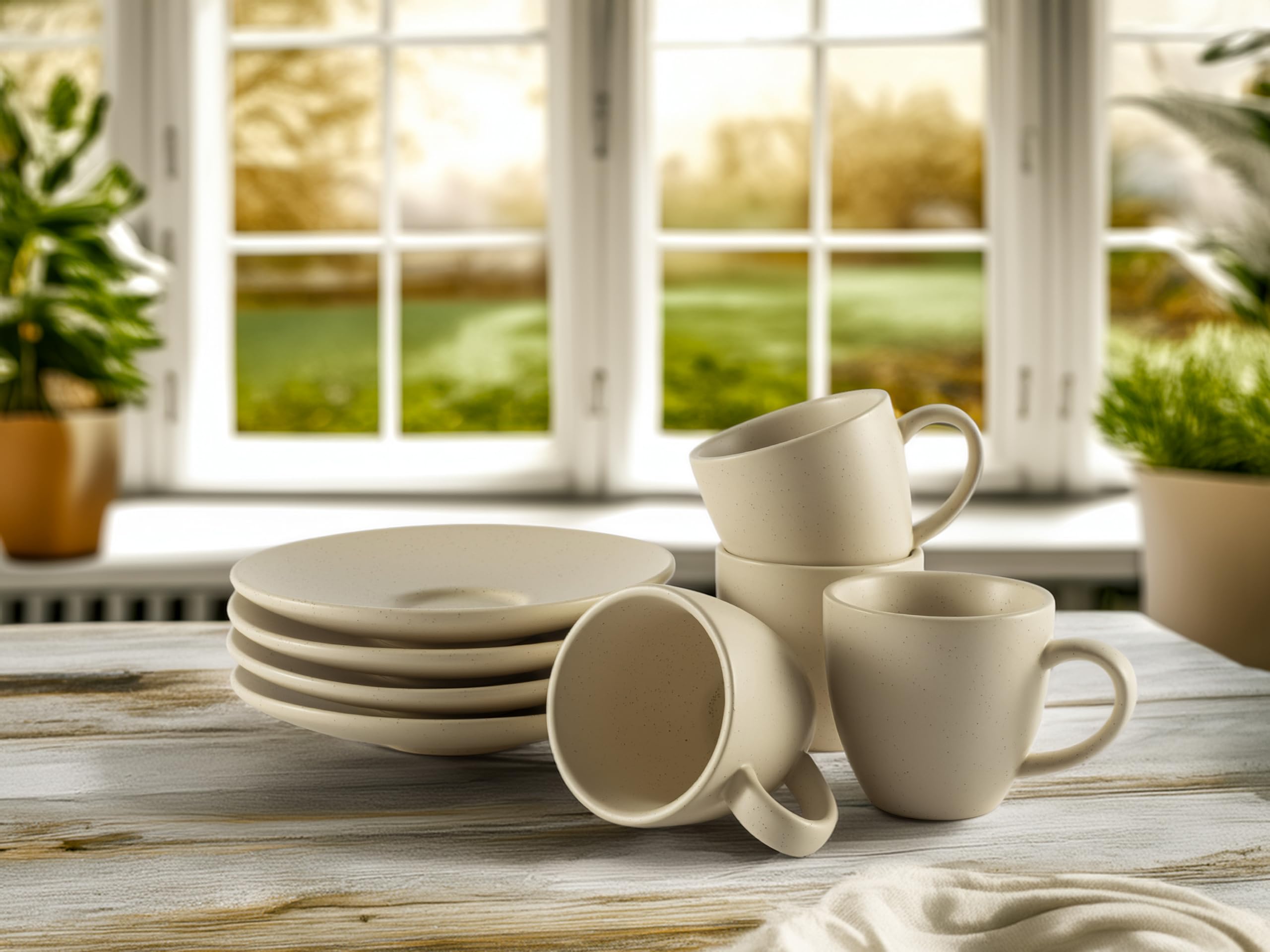Hanseküche Set di 4 tazzine da espresso in gres di alta qualità, fatte a mano e con pareti spesse, tazzine da espresso in gres con piattini, beige, 75 ml