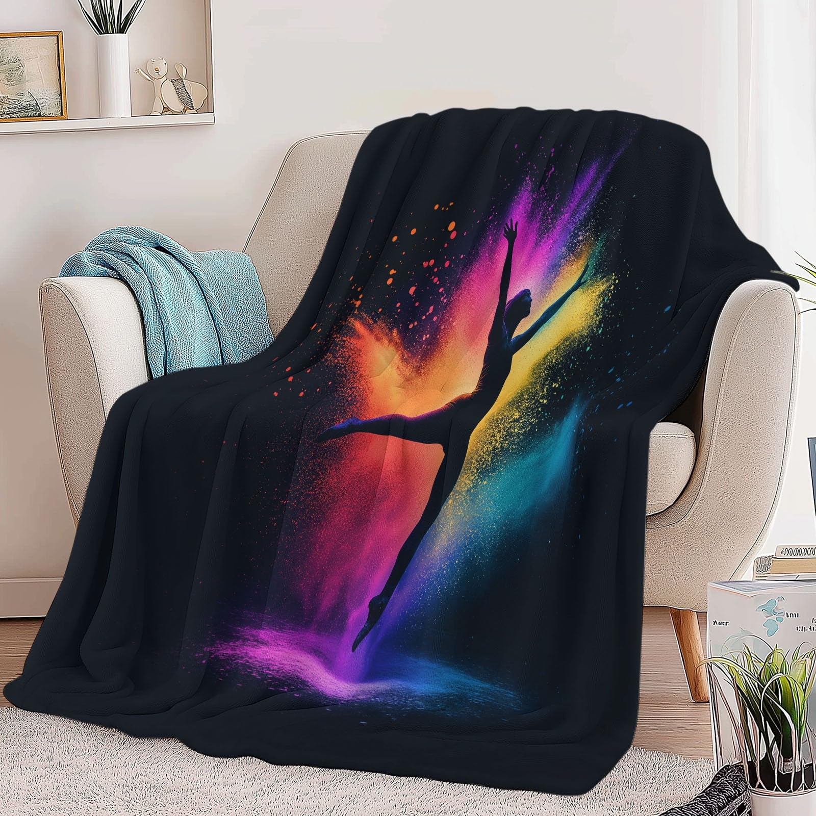 Koc polarowy z mikrofibry 220 x 240 cm, ilustracja 3D gimnastyczka 3D, miękka flanela, pluszowy koc, odpowiedni dla dorosłych i dzieci, kemping, czarny