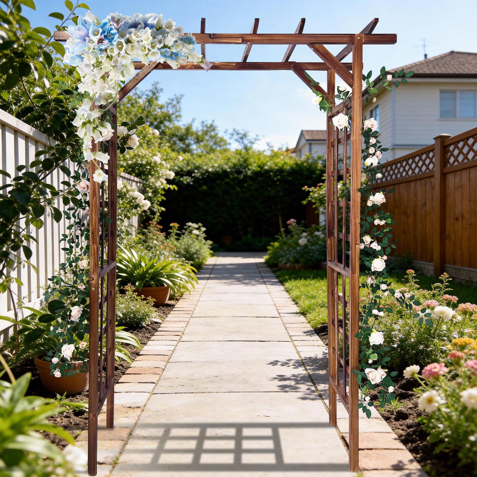 GarveeLife Holz Gartenbogen Pergola Carbonisiert | Stabile Rankhilfe aus Holz Für Kletterpflanzen Hochzeit Gartenparty Terrasse und Eingangsbereich
