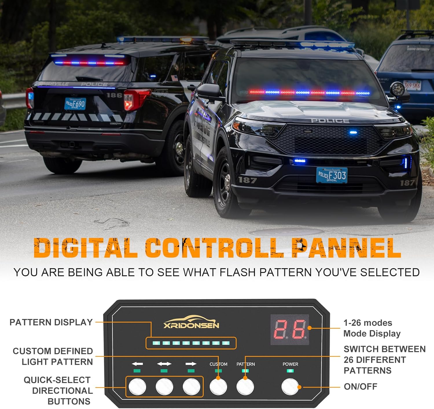 XRIDONSEN 35 inch Traffic Advisor Red Blue Police Lights 48 LED Emergency Strobe Light Bar Safety Hazard Warning Lights Front/Rear Window w/Display Controller for Law Enforcement Vehicles Trucks Car