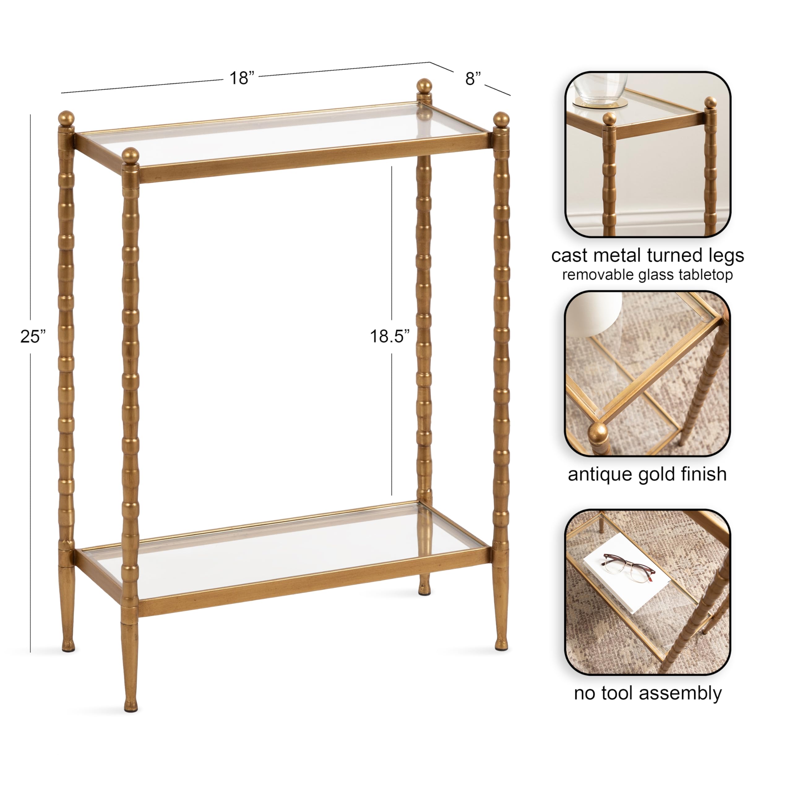 Kate and Laurel Prisha Traditional Metal Skinny Side Table, 18 x 8 x 25, Clear Glass and Gold, Vintage Rectangular Slim Bedroom Nightstand with Glass Tabletops for Use as Living Room End Table