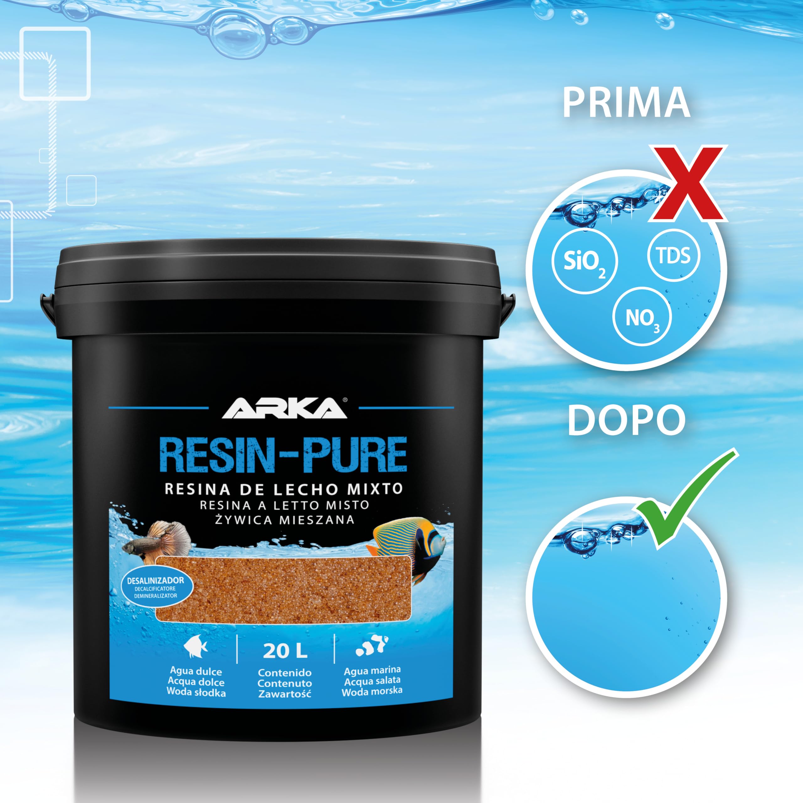 ARKA - Resin-Pure - Resina a letto misto/demineralizzatore - Rimuove silicati, nitrati e TDS dall'acqua dell'acquario - Ideale per filtri a resina su impianti di osmosi - Contenuto: 25 L