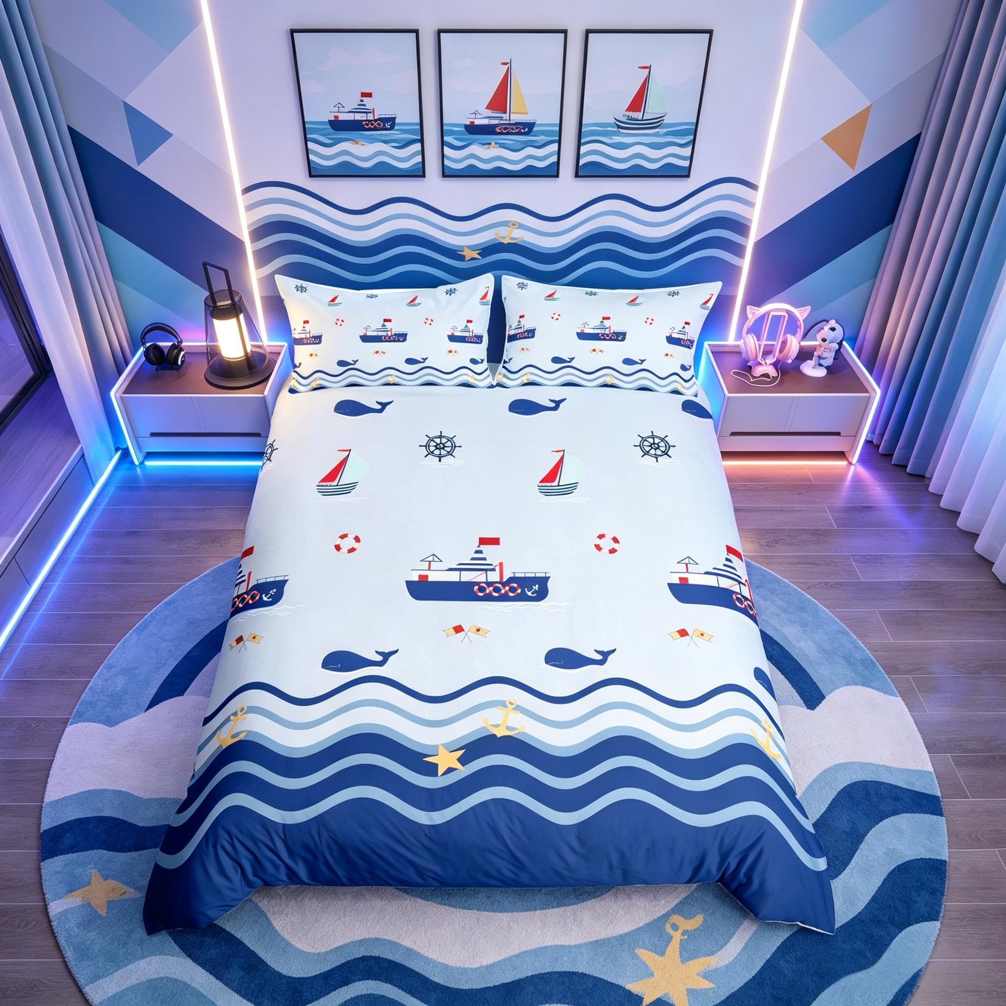 Homemissing Nautical Duvet Cover Sailboat Printed Bedding Set Ocean Themed Comforter Cover for Boys Girls Kids Sea Adventure Bedspread Cover Single With 1 Pillow Case
