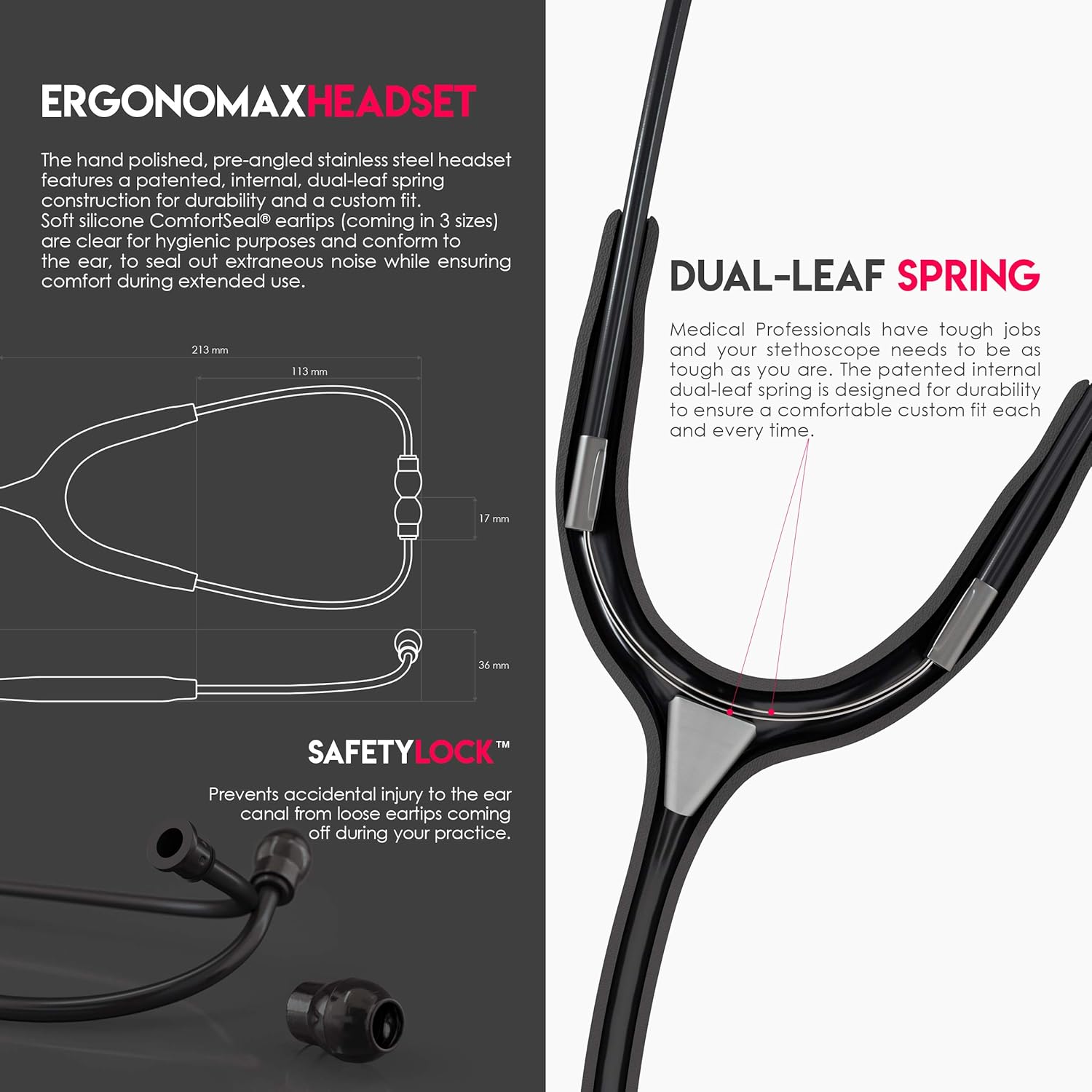 MDF Instruments MD One Premium Stainless Steel Dual Head Stethoscope, Adult, Black Tube, Black Chestpieces-Headset, MDF777BO - Image 5