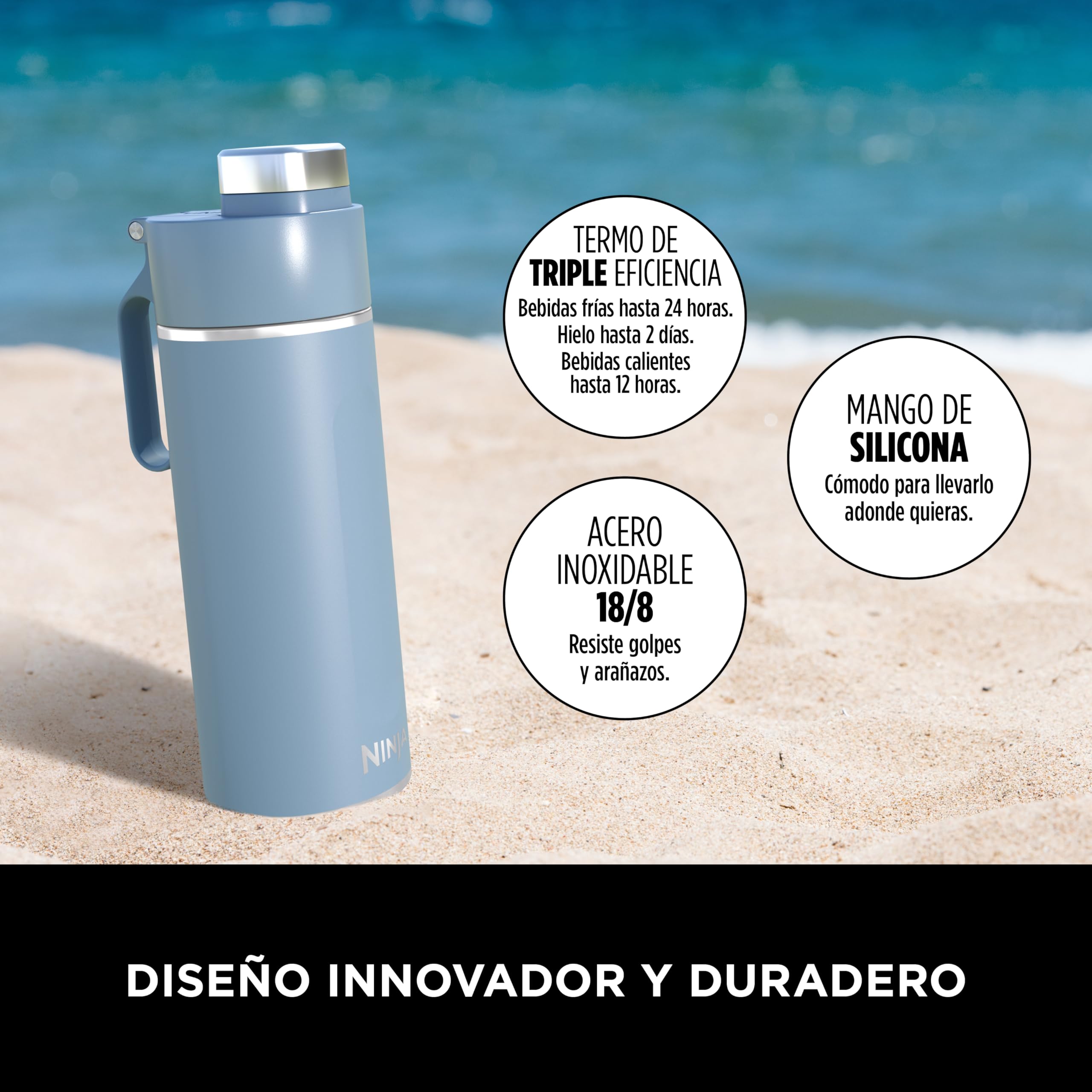 Ninja Thirsti botella de agua de acero inoxidable 700 ml, térmica con tapa antigoteo y triple aislamiento para bebidas con gas, calientes y frías, botella deportiva y de viaje, azul, DW2401EUUKBL