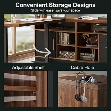86 U Shaped Executive Standing Desk with File Cabinets | Home Office Furniture Set, Electric Height Adjustable Office Furniture Desk Sets with Drawer, AC/USB, Black Walnut