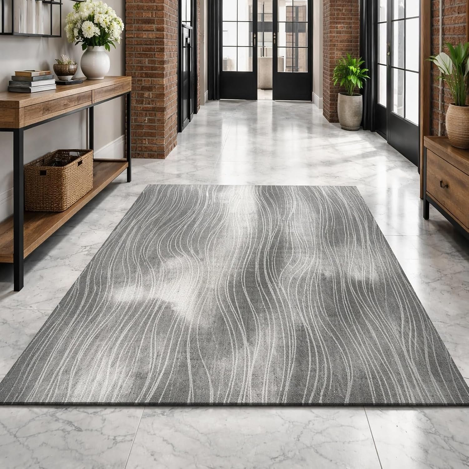 Tapis Carré Lavable Abstrait Moderne Gris Blanc Déco, Gris, 160 x 230 cm