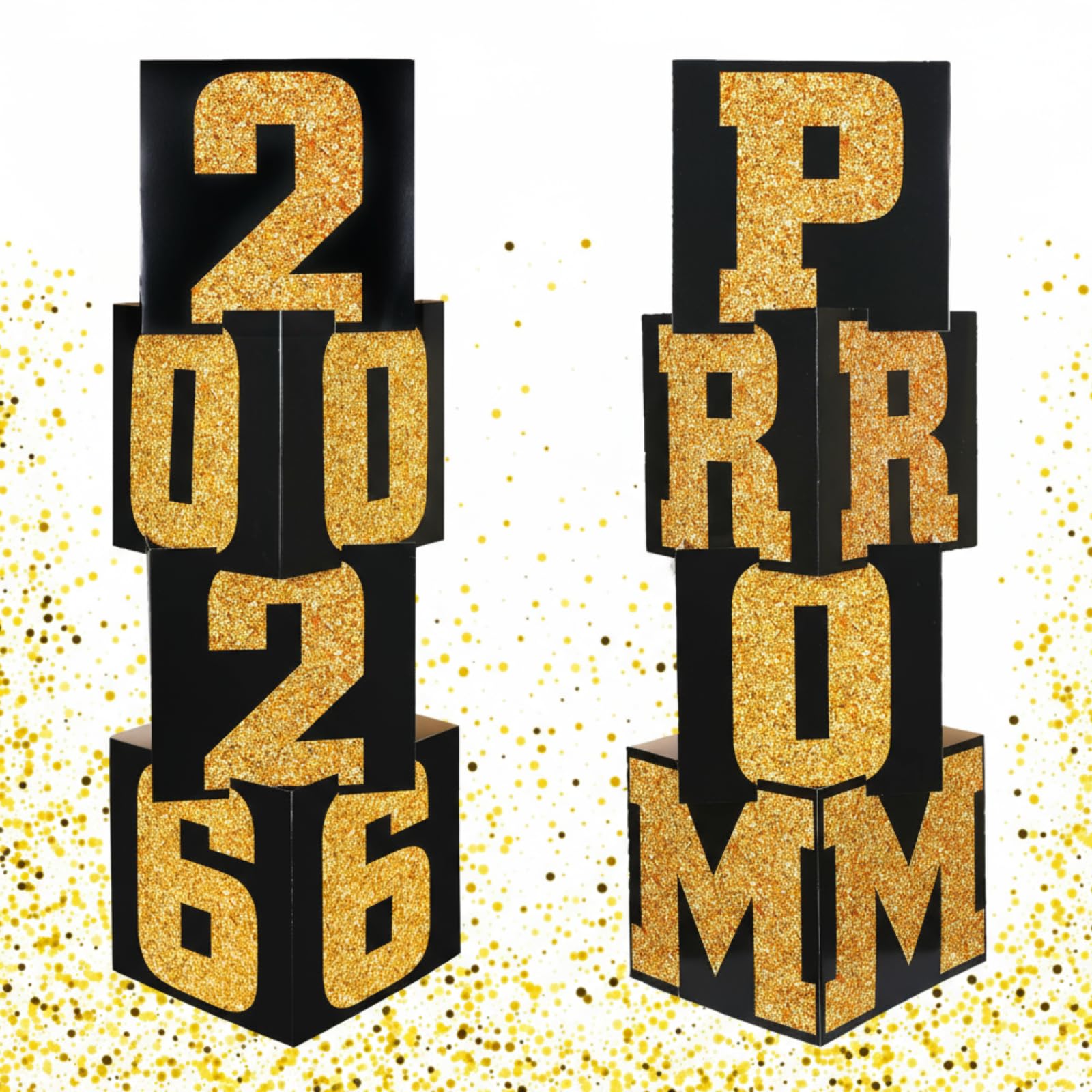 Queekay 8 Pcs Prom Column Standup Photo Booth Decorations 2026 Prom Backdrop Balloon Boxes Cardboard Decoration Column for Party College, 11.8 x 44.9 Inch(Gold, Black)