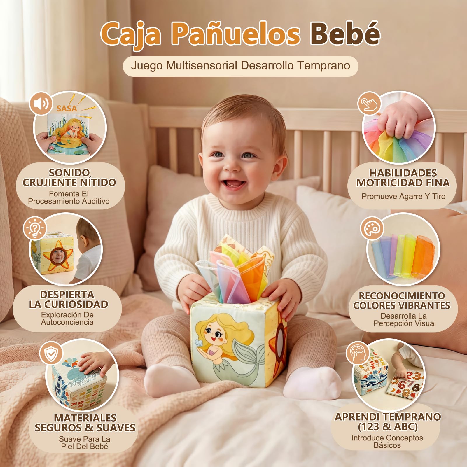 Anook Juegos Montessori Bebe 6-12 Meses, 5 en 1 Juguetes Bebes 6 9 12 Meses Incluir Cubos Apilables Bebe, Juguetes Caja Pañuelos, Juguetes Sensoriales para Niñas Bebés 6-24 Meses Regalo