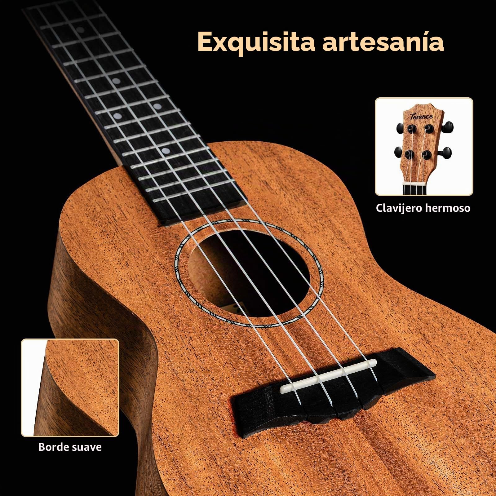 TERENCE Ukelele soprano de 23 pulgadas de caoba para profesionales principiantes adultos ukelele kit con afinador, cejilla, bolsa de almacenamiento, correa, púas, cuerda de nailon y paño