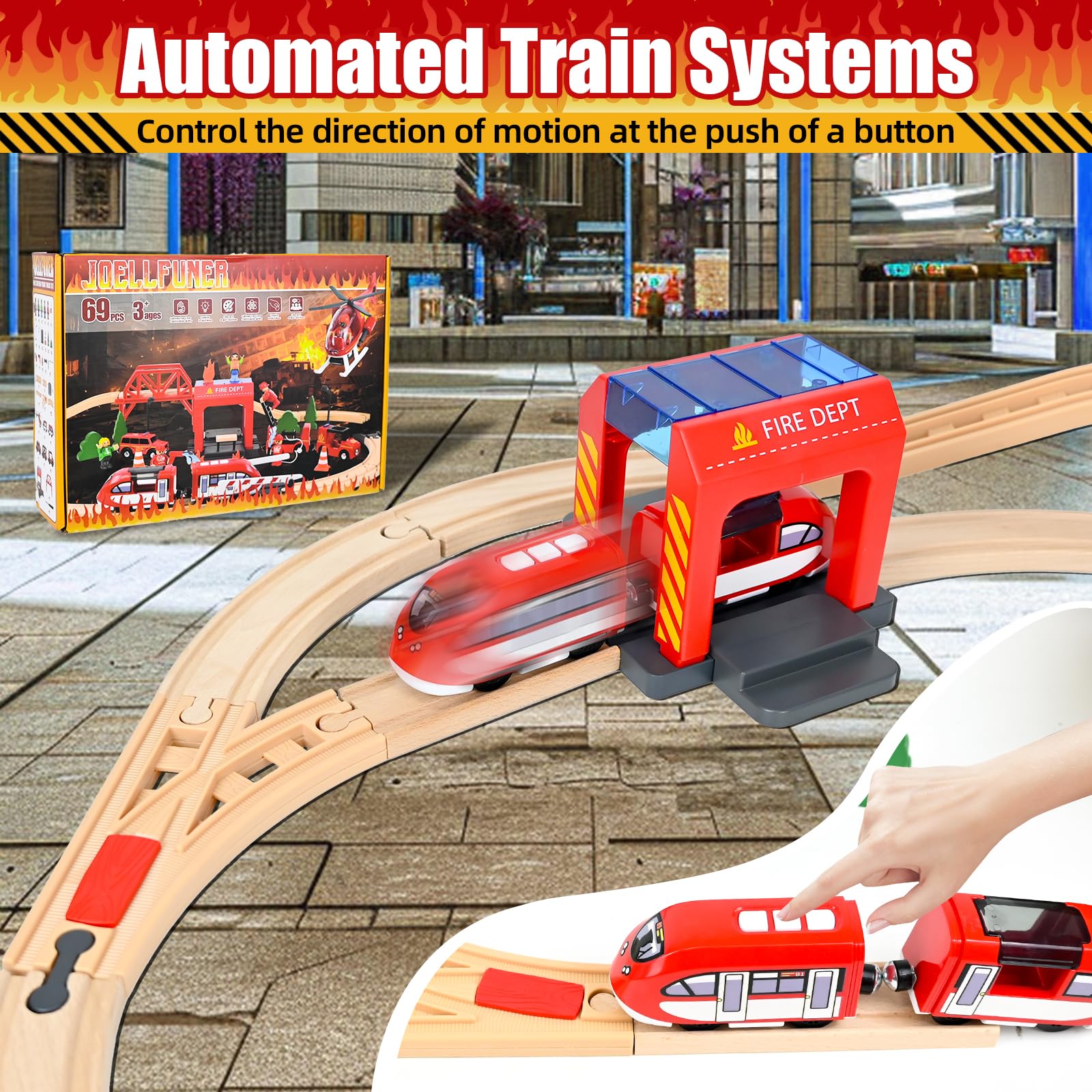 Joellfuner Holzeisenbahn Set 92 Teile - Elektrische Lok Mit Stadt & Fahrzeugen
