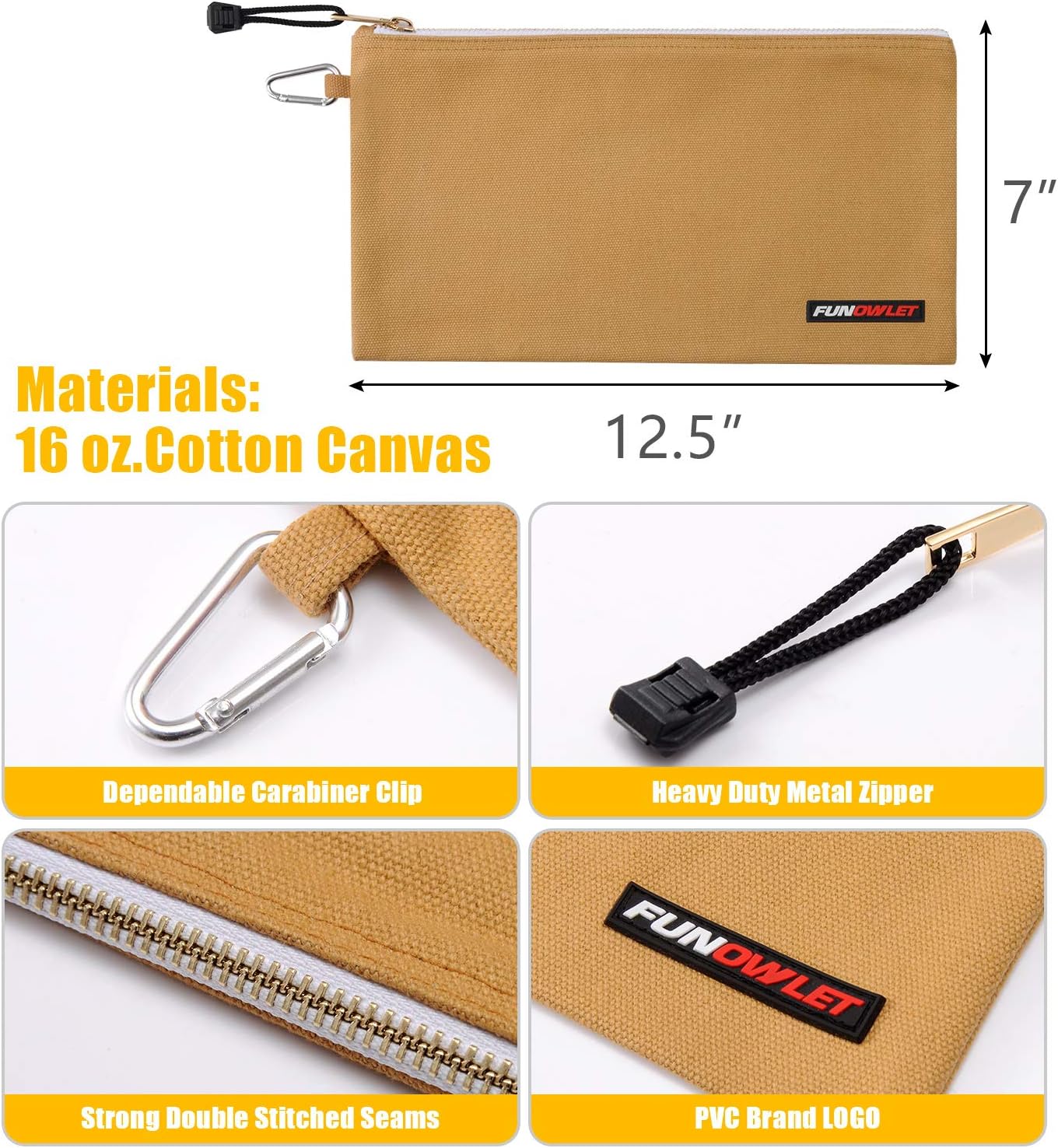 FunOwlet Utility Bag, Canvas Zipper Tool Bags - Heavy Duty Tools Pouch with Carabiner, Multi-Purpose Storage Organizer Clip on Tote Pouches in White, Gray, Tan, Brown, 4 Pack