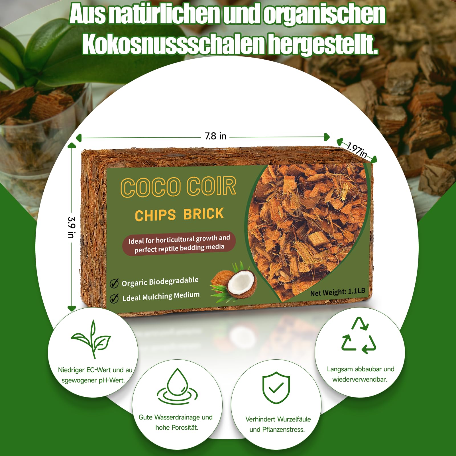 Kokoschips Pflanzen Substrat, Bio Kokosnussschalenziegel mit niedrigem EC- und pH-Ausgleich, leicht erweiterbares Kokosfaser-Mulchmedium für Gartenblumen & Reptilienbeete (6 Stück)
