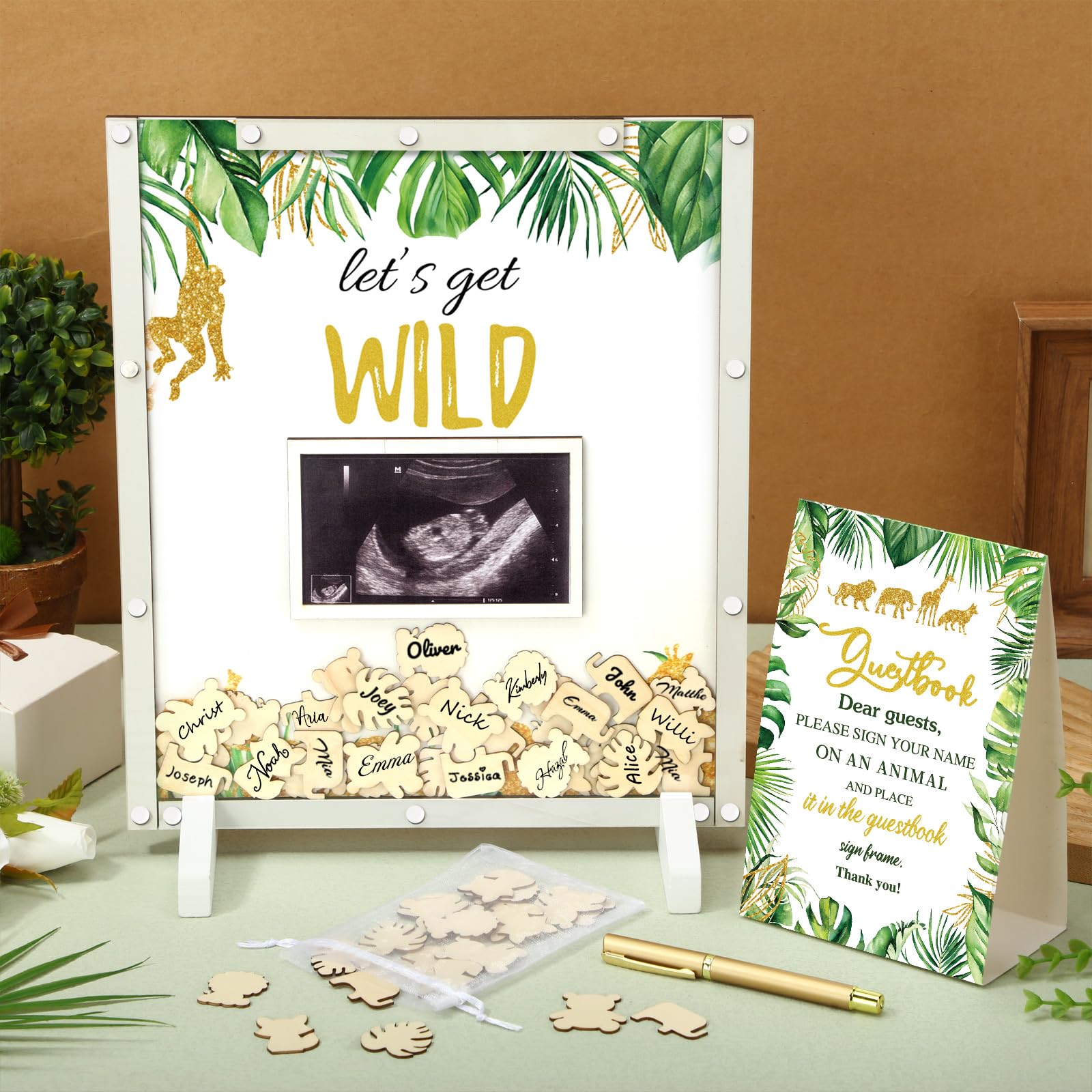 Beeveer 65 piezas de libro de invitados para baby shower, revelación de género, decoración de baby shower, letrero en libro de invitados con marco de fotos y 60 virutas de madera para suministros de