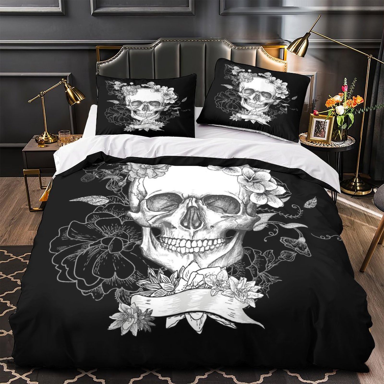 Housse de couette crâne orné de fleurs pour une chambre d'ado au style rock et cosy