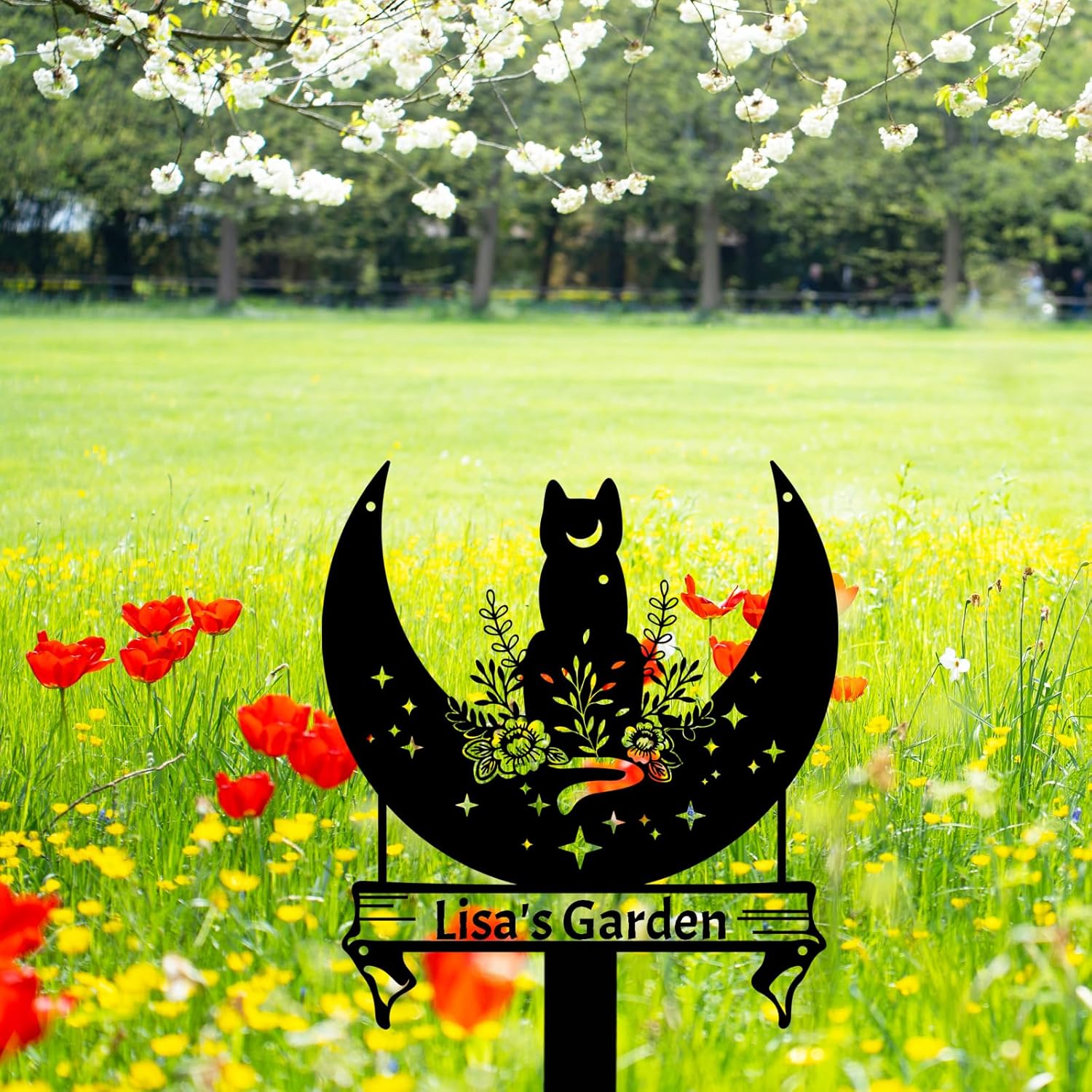 Custom Flowers Cat Garden Sign Metal Stake, Personalized Moon Cat Garden Stake Sign Outdoor Garden Decor Cat Silhouettes for Yard Decoration, Decorative Garden Stake Yard Sign