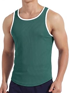 Men's Ribbed Racerback Tank Top Stretchy Color Block Trim Slim Fit Sleeveless Shirt Workout