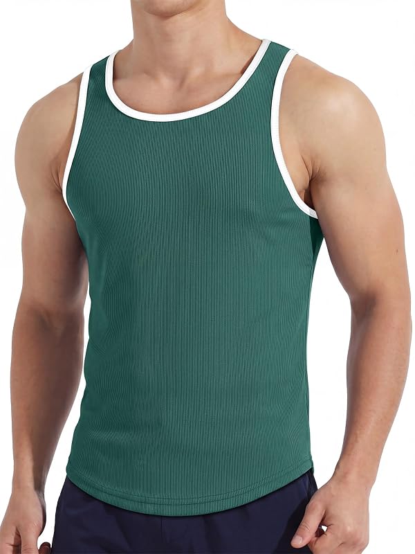 Crastimo Men's Ribbed Racerback Tank Top Stretchy Color Block Trim Slim Fit Sleeveless Shirt Workout Green M by Crastimo - Used condition - US$10.09