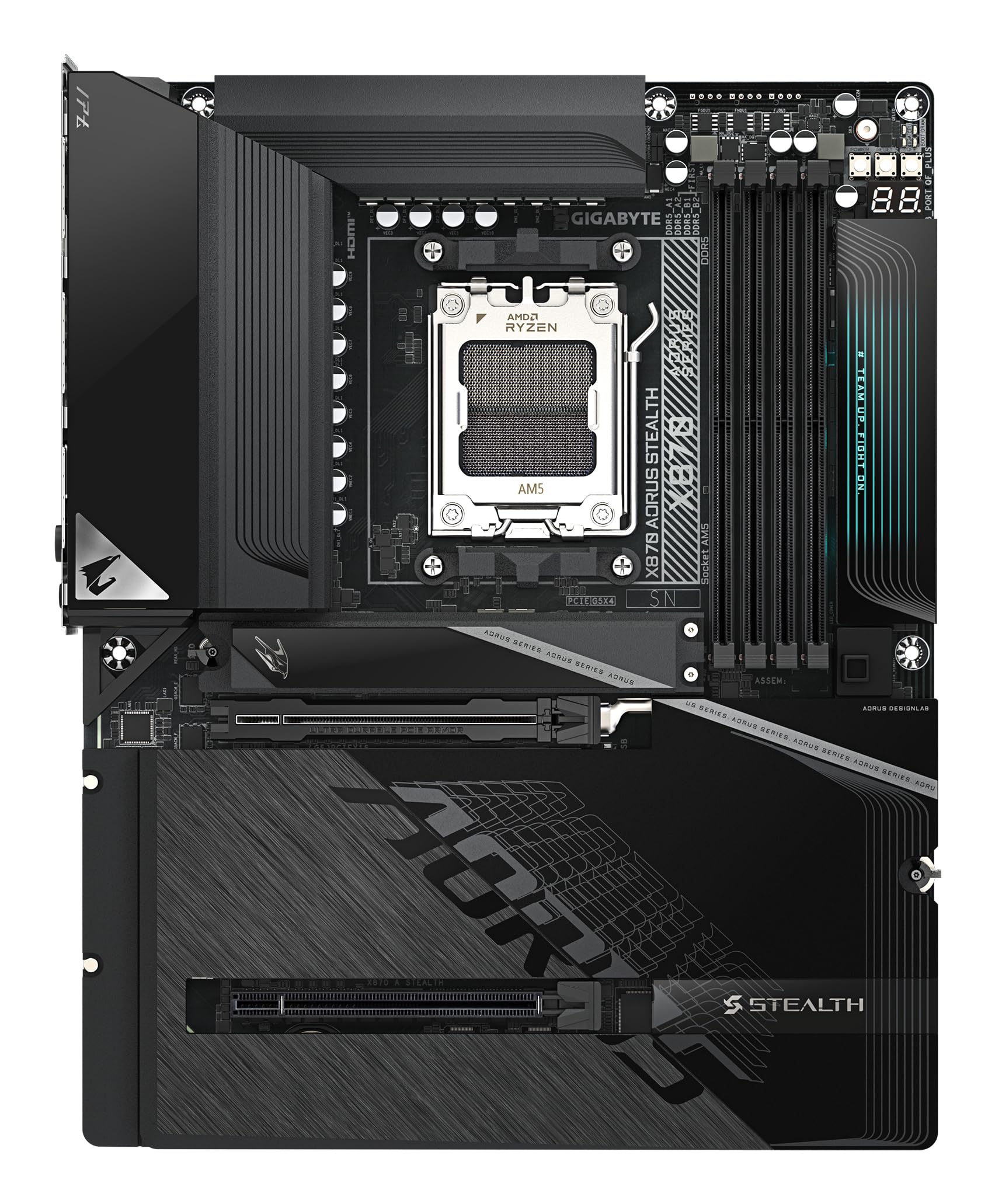 GIGABYTE X870 AORUS Stealth Carte Mère - Prend en Charge Les processeurs AMD Ryzen 9000, VRM numérique 16+2+2 Phases, Jusqu’à 8200MHz DDR5 (O.C.), 2xPCIe 5.0 + 2xPCIe 4.0, Wi-FI 7, LAN 5GbE, USB 4