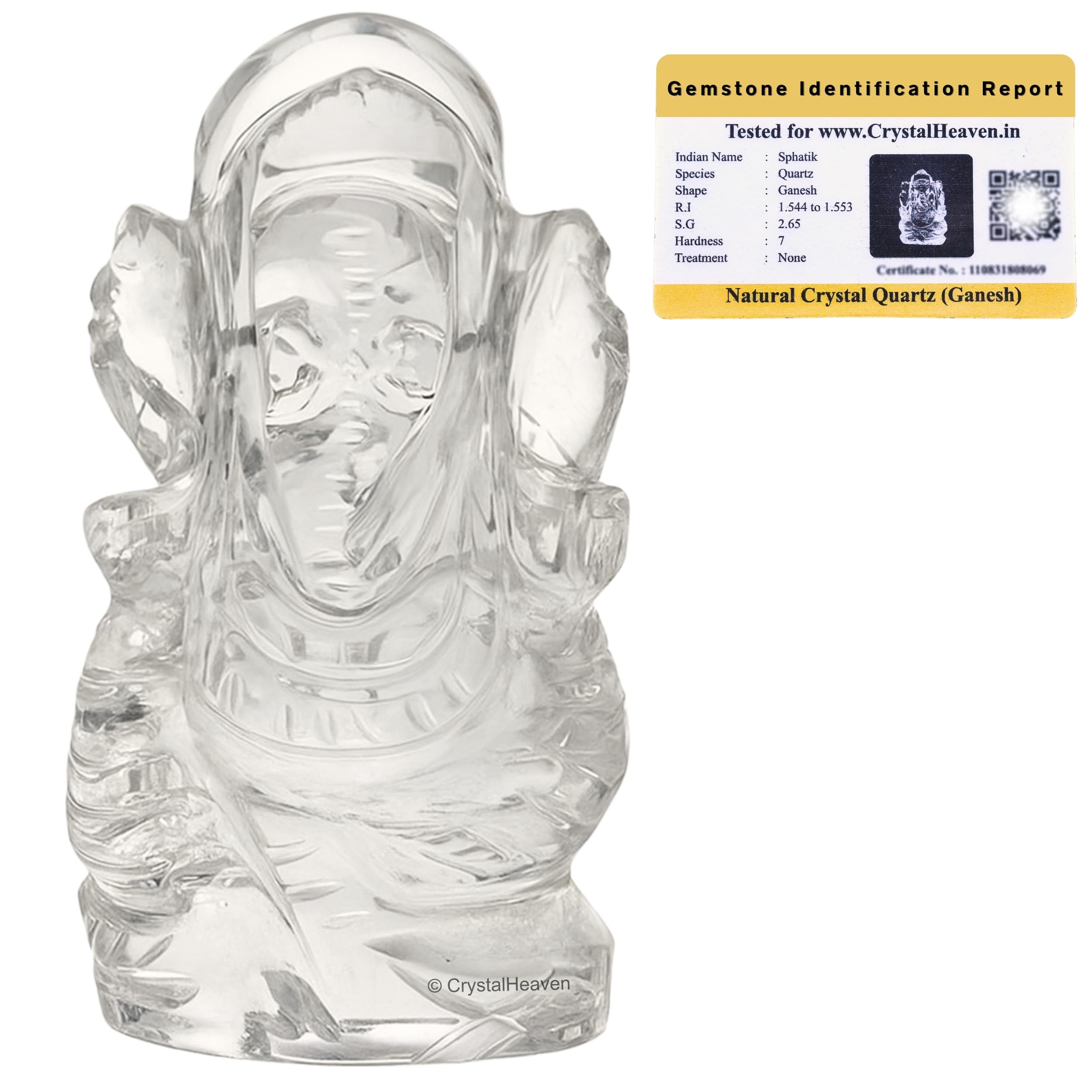 Crystal Heaven Sphatik Ganesh (A Grade) Original Certified Idol - AAA Grade Sphatik Healing Clear Quartz Crystal for Mediation Pooja (20-30 Gram)