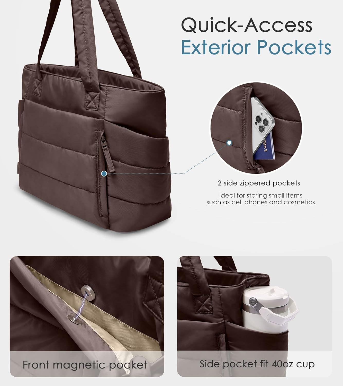 Tote Bag for Women with Zipper, Quilted Puffer Tote Bag with Compartments, Lightweight Puffy Work Bags for Women Travel - Image 3
