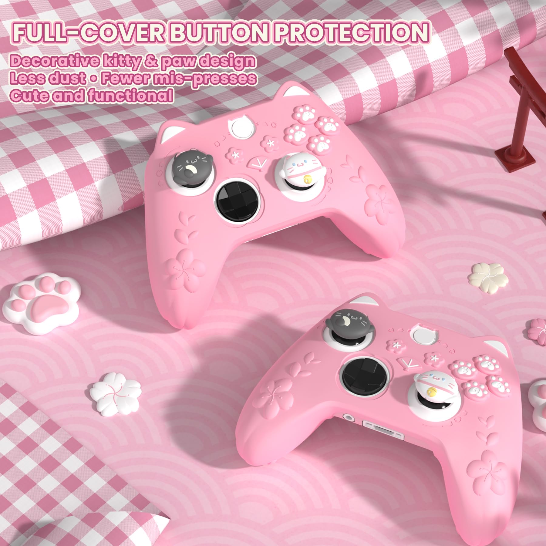 PlayVital Cute Silicone Controller Skin for Xbox Series X/S - Cherry Blossoms Kitten Anti-Slip Grip Protector W/Thumb Grips & Sticker - Soft Rubber Cover for Xbox Core Wireless Controller - Pink - 5