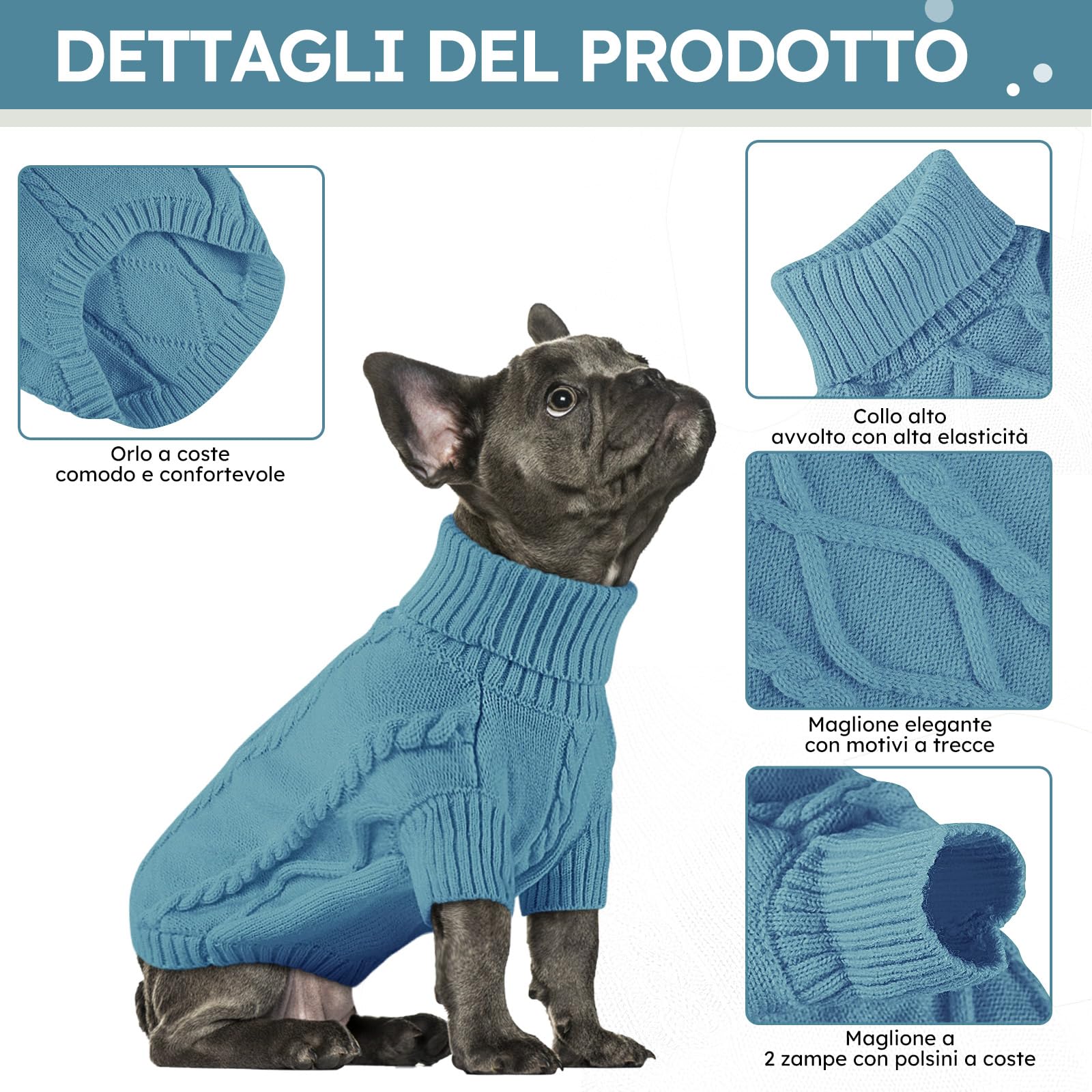 Queenmore Felpa Cane Taglia Media Maglione Cane Bassotto Maglioncino Cane Caldo A Collo Alto Ritorto Vestiti Per Cani Gatti Maglione Elastico Per Bulldog Francese Barboncino Chihuahua, Teal, M