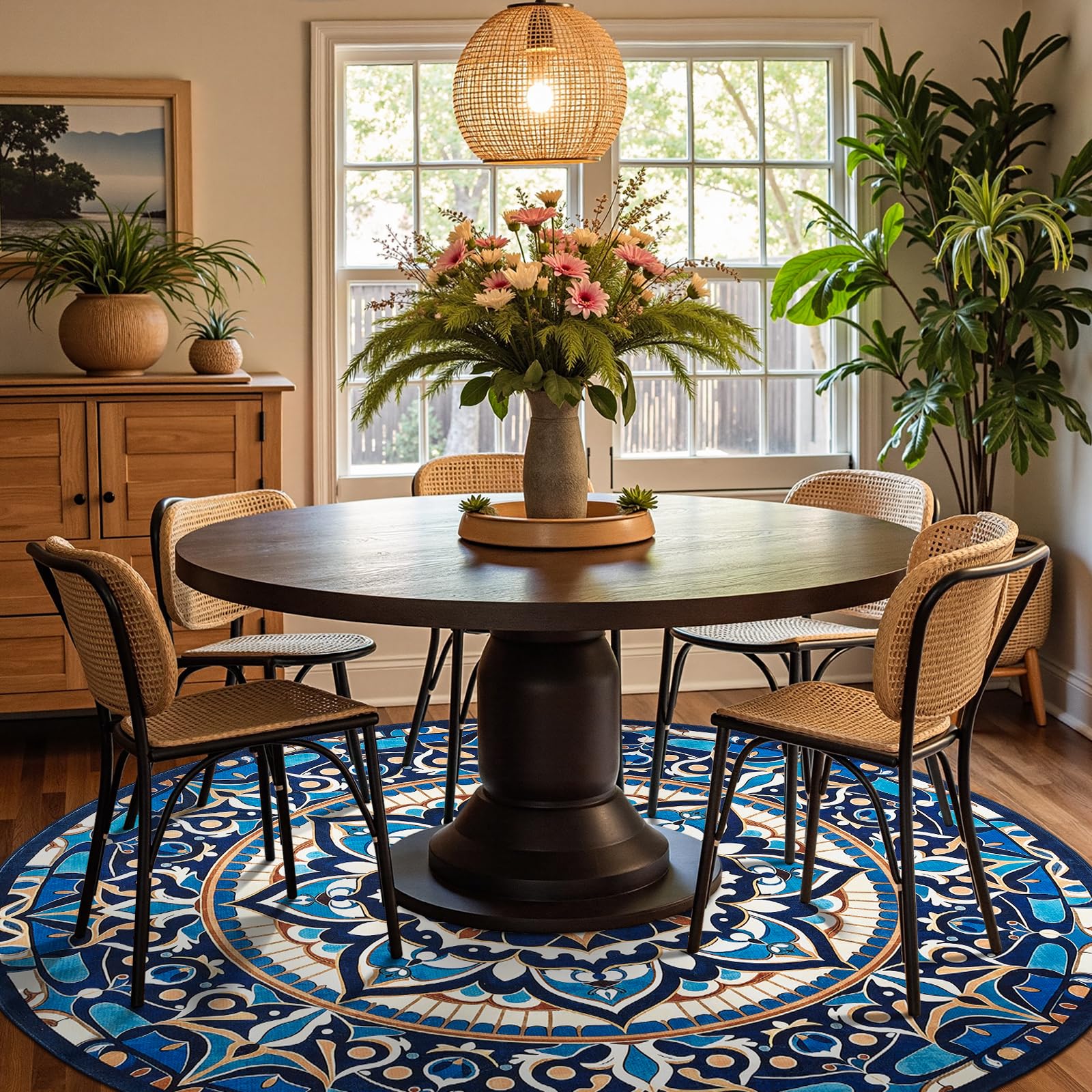 jinchan Mandala Round Rug 8ft Blue Boho Washable Rug Moroccan 8 Round Modern Peaceful Circle Rug Soft Non