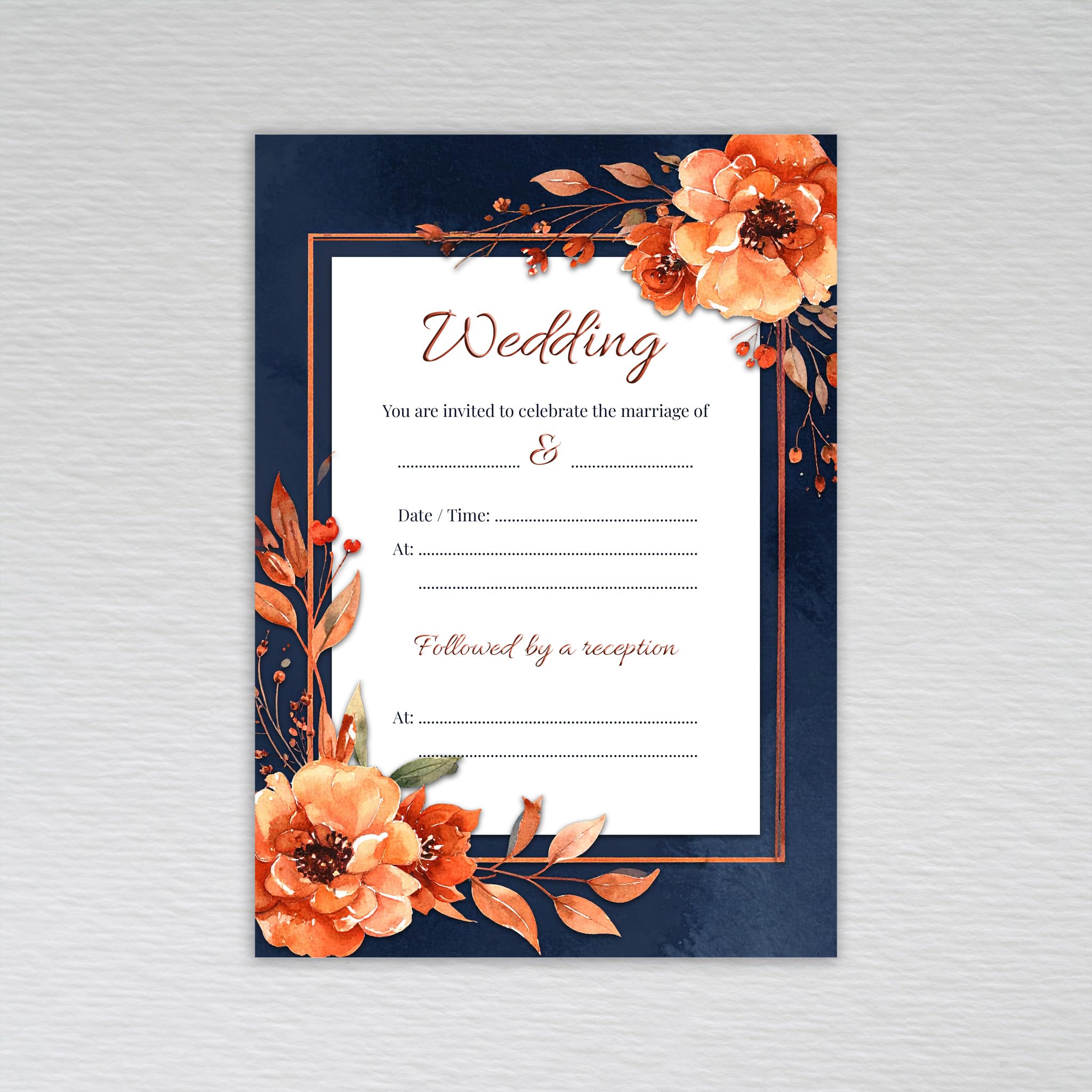 Navy Wedding Invitations – Elegant Navy & Burnt Orange Botanical Design with Copper Tones, A6 Fill In Blank Invite Cards (Pack of 50 without Envelopes)