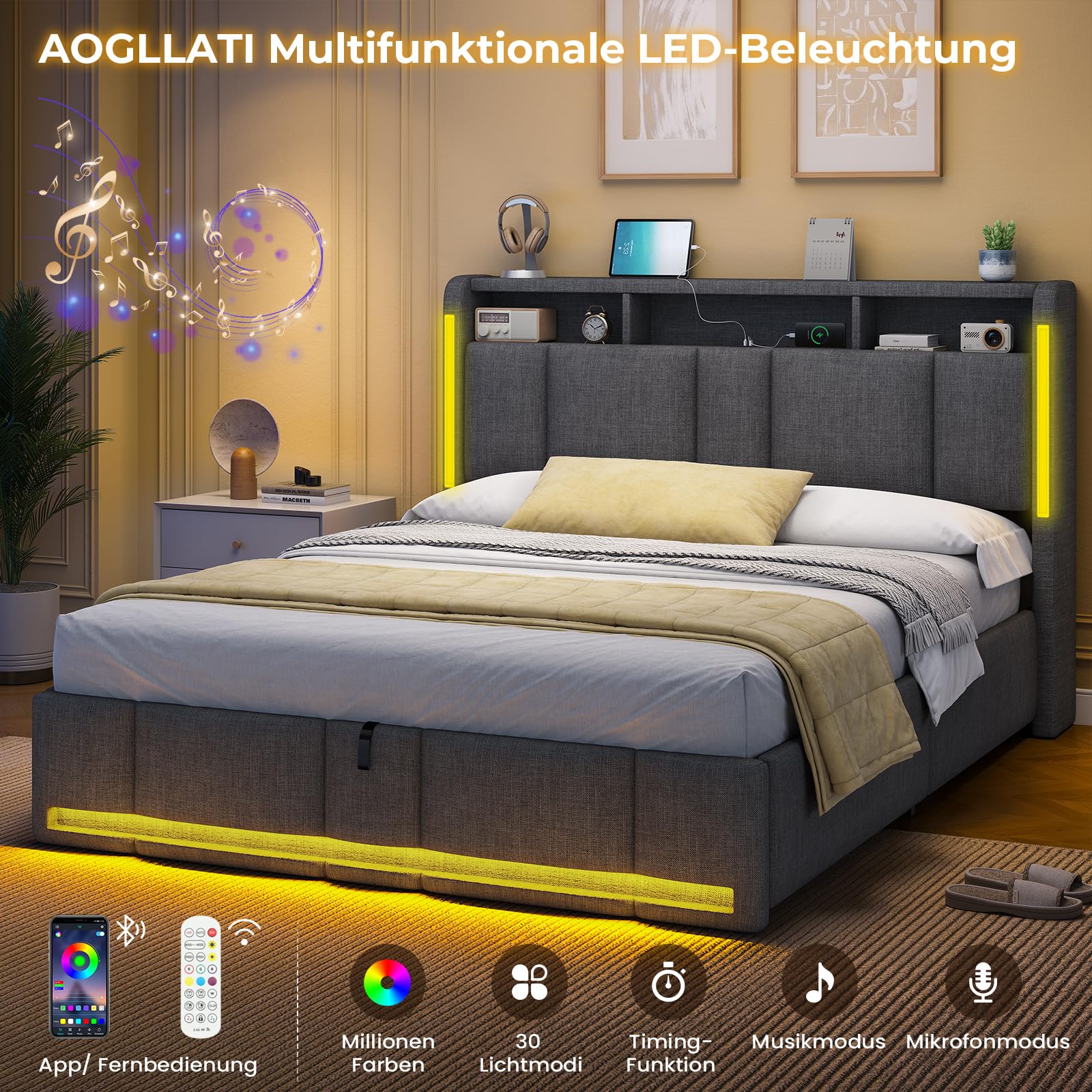 AOGLLATI Polsterbett Doppelbett 140x200 mit bettkasten, Hydraulischem Stauraumbett mit LED Beleuchtung & Steckdosen, Bett 140x200 cm mit Stauraum Kopfteil, Lattenrost, Linen,Dunkelgrau (Ohne Matratze)
