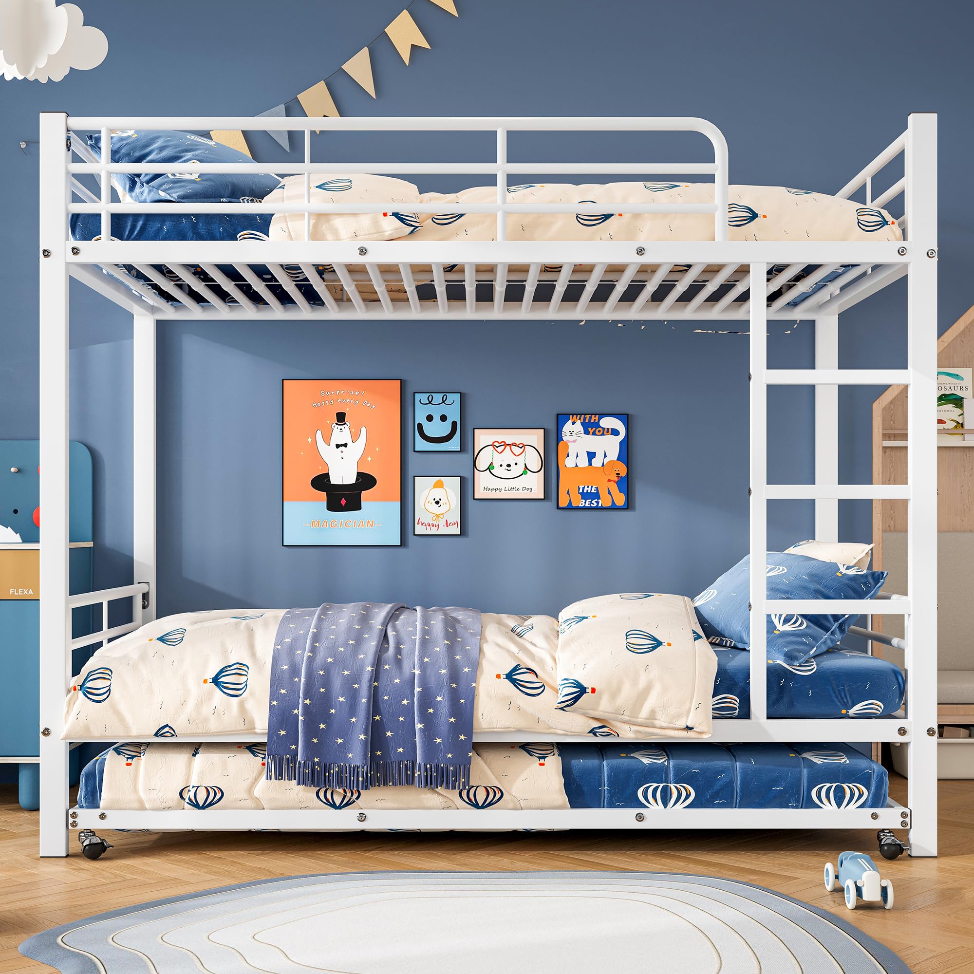 Moimhear Cama de hierro con litera, dimensiones 90x200 cm y 90x190 cm, adecuada para niños y adolescentes, con cama extraíble, cuatro rejillas laterales en la cama superior, blanco
