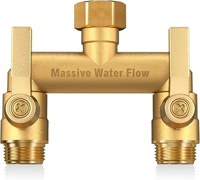 Hose Splitter 2 Way Heavy Duty, Solid Brass Full Flow Outdoor Faucet and Garden Hose Splitters, Water Spigot Splitter T Adapter, All Metal Water Connector with Shut-Off Valve, 3/4 - Inch GHT Thread