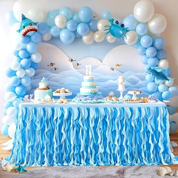 Partisky Ocean Blue Tulle Tutu Ruffle Curly Willow Table Skirt for Rectangle Table 6ft,Under The Sea Baby Shark Themed Table Cloth for Boys Girls Birthday Party or Baby Shower