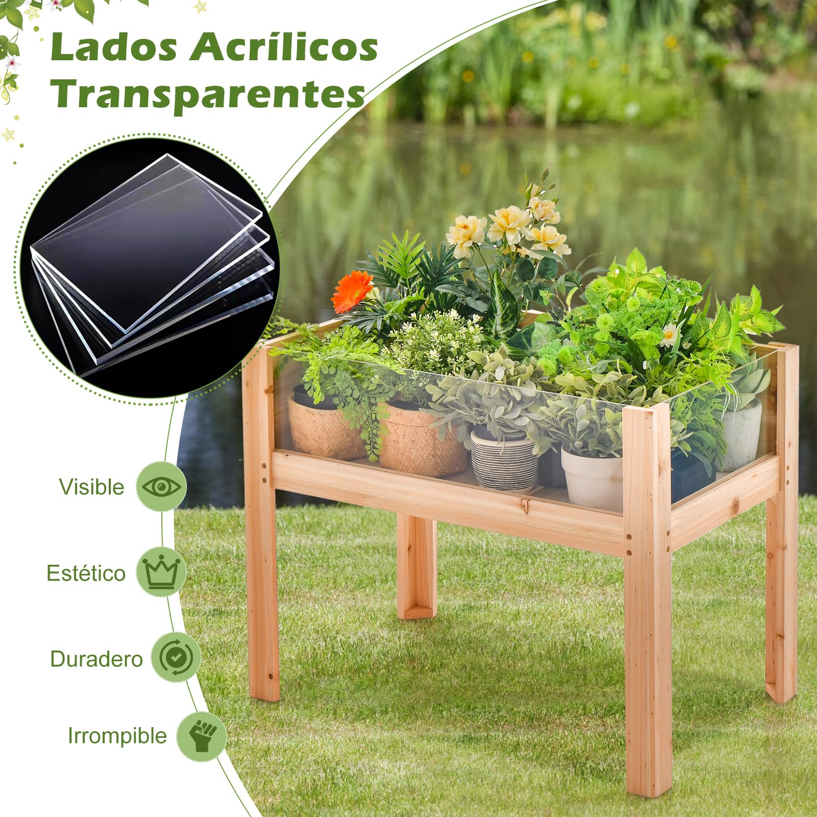 GOPLUS Jardinera Elevada de Madera Abeto 130L, Huerto con Paneles Acrílicos y Orificios de Drenaje, Cama Elevada de Jardín para Plantas, Verduras, Frutas, Hierbas, Flores (100x59x77cm)