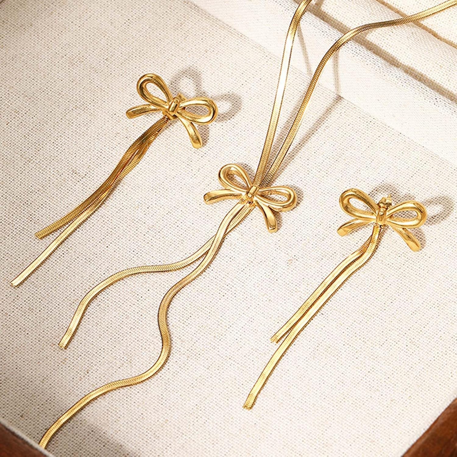 YANCHUN Gold Bow Necklace Earrings Set Dangle Drop Tassel Dainty Elegant Statement Earrings Necklace Dress for Women Accessories Jewelry Gifts - Image 5