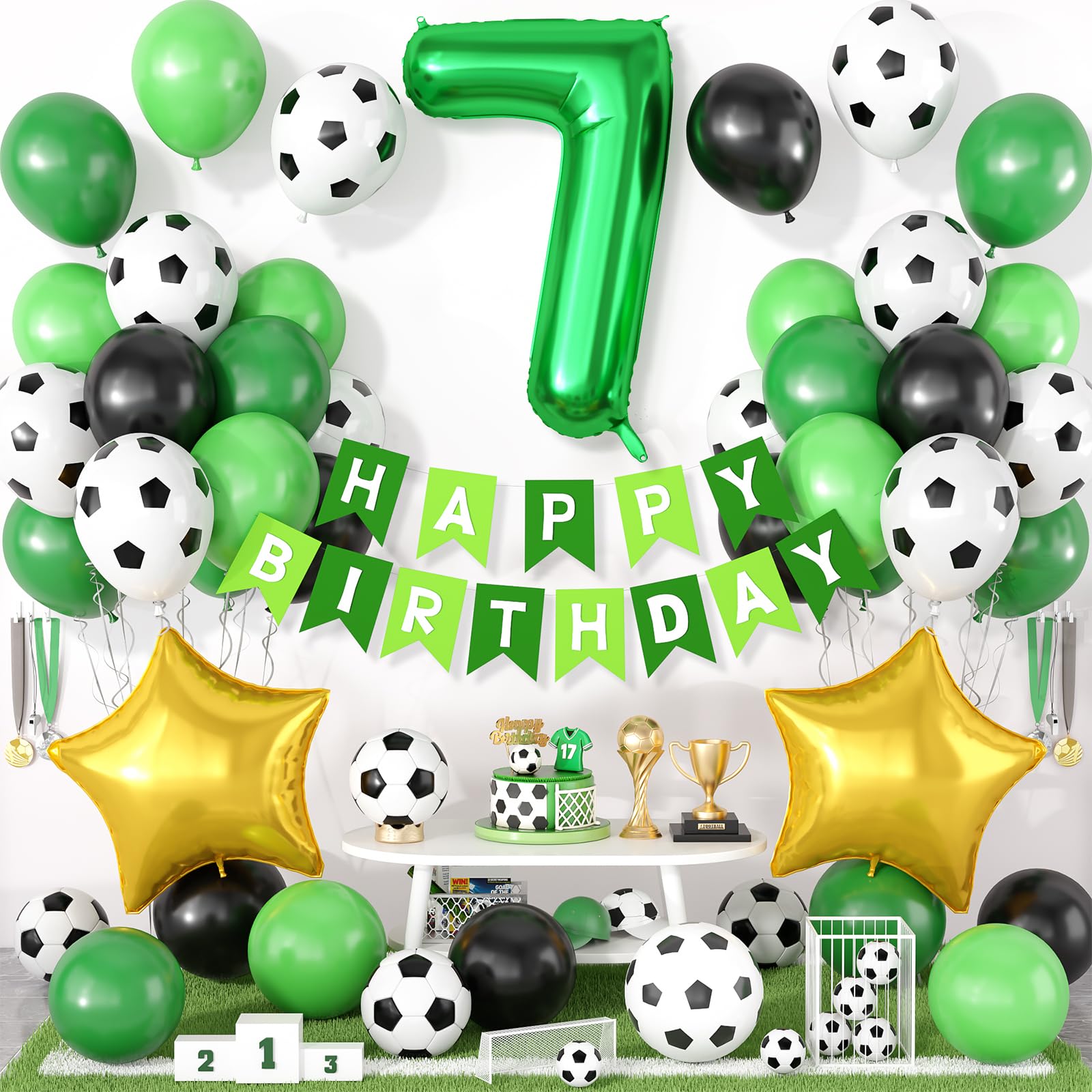 Soccer Birthday Party Decorations, 7th Birthday Decoration for Boys, Soccer Party Decorations Supplies with Happy Birthday Banner 32in Foil 7 Balloon for Boy Kids Men World Cup Theme Decor