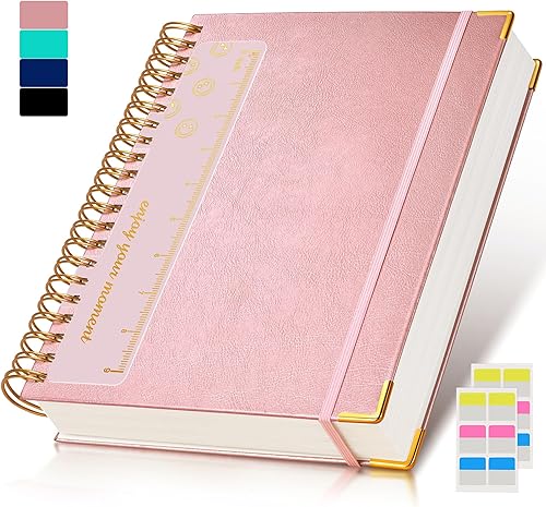 Cuaderno de espiral de 8.5 x 11 pulgadas, 300 páginas de tapa dura con forro de cuero para mujeres y hombres, cuadernos A4 grandes a rayas