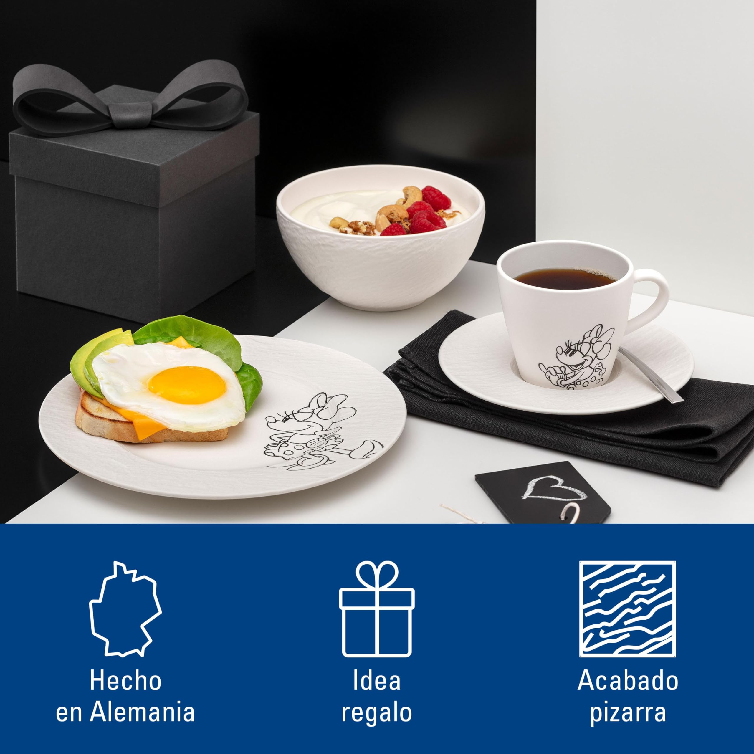Villeroy & Boch Manufacture Rock blanc – Mickey Mouse – Plato para desayuno/postre, blanco, para lavavajillas y microondas, acabado de pizarra y decoración de Disney Mickey Mouse en tiza