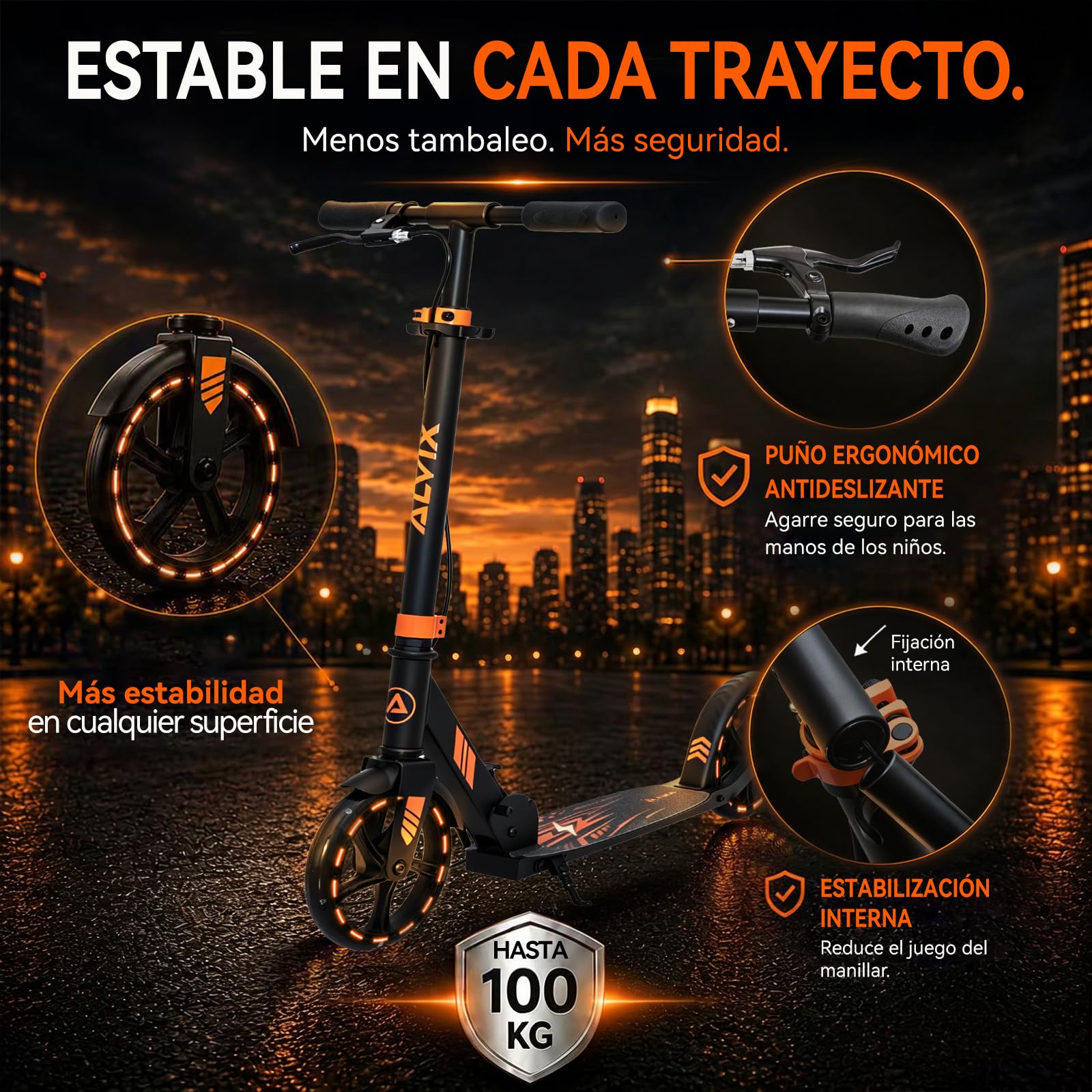 ALVIX Patinete infantil con freno de mano y ruedas LED, altura regulable a partir de 6 años, ruedas de 200 mm, patinete plegable con correa, plataforma ancha, hasta 100 kg