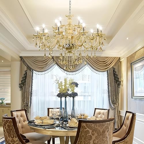 Miniatura 28 de Moderno y elegante candelabro de cristal K9, 8 luces, colgante de techo de cristal coñac, lámpara estilo vela con base E12 para sala de estar