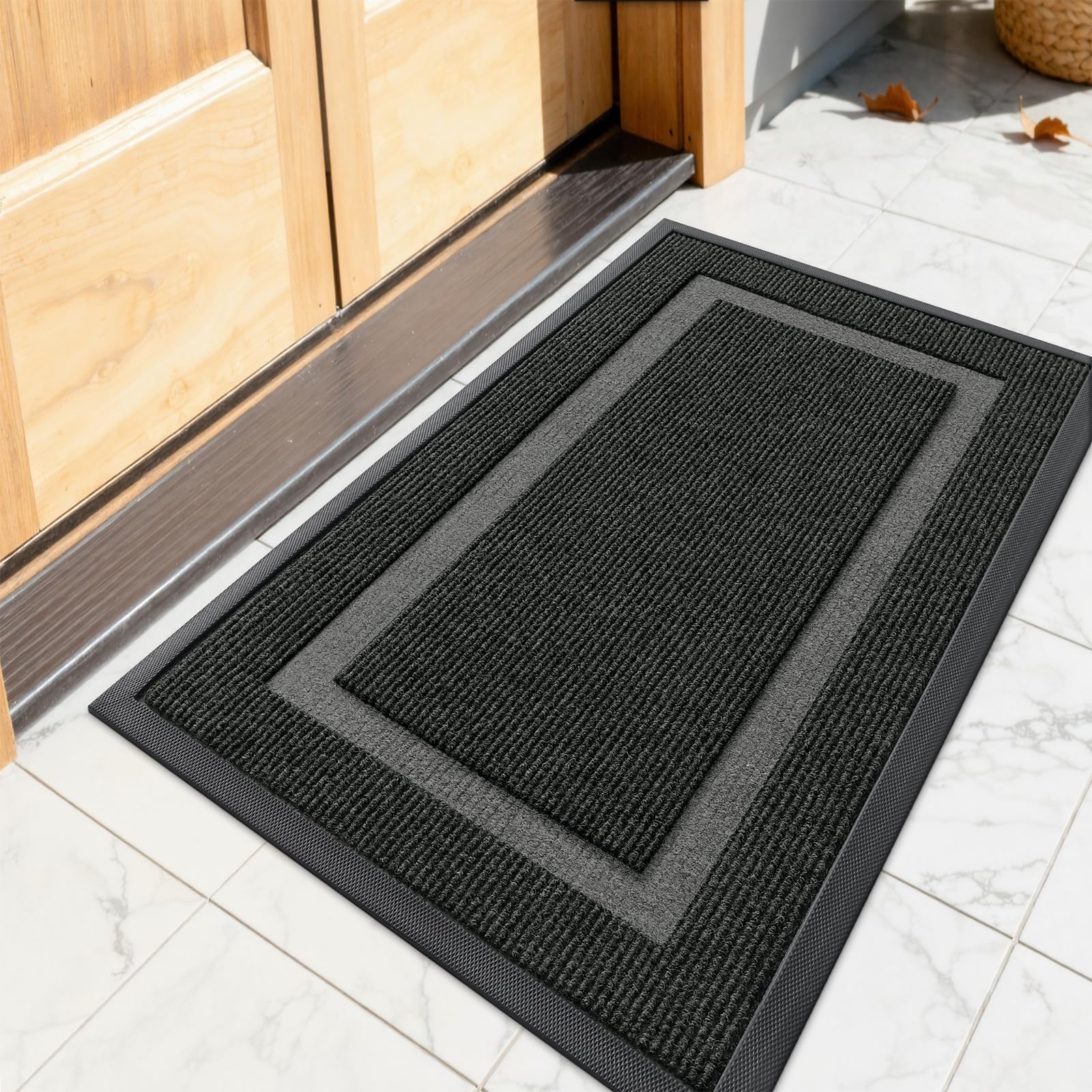 OLANLY Front Door Mat 23.5x15.5, All-Season Heavy-Duty Rubber Doormat | Black, Absorbent, Stain and Fade Resistant, Waterproof Non-Slip Backing, Low-Profile Indoor Outdoor Floor Mat for Entryway