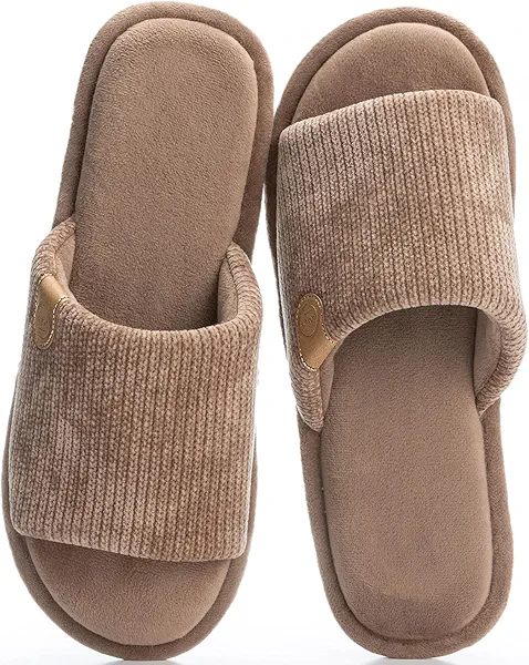 GOEWY Mens Cozy Slippers with Memory Foam House Shoes for Indoor Outdoor Slip On Non-slip Sole Open Toe Summer Slippers for Men size 9 10 Brown