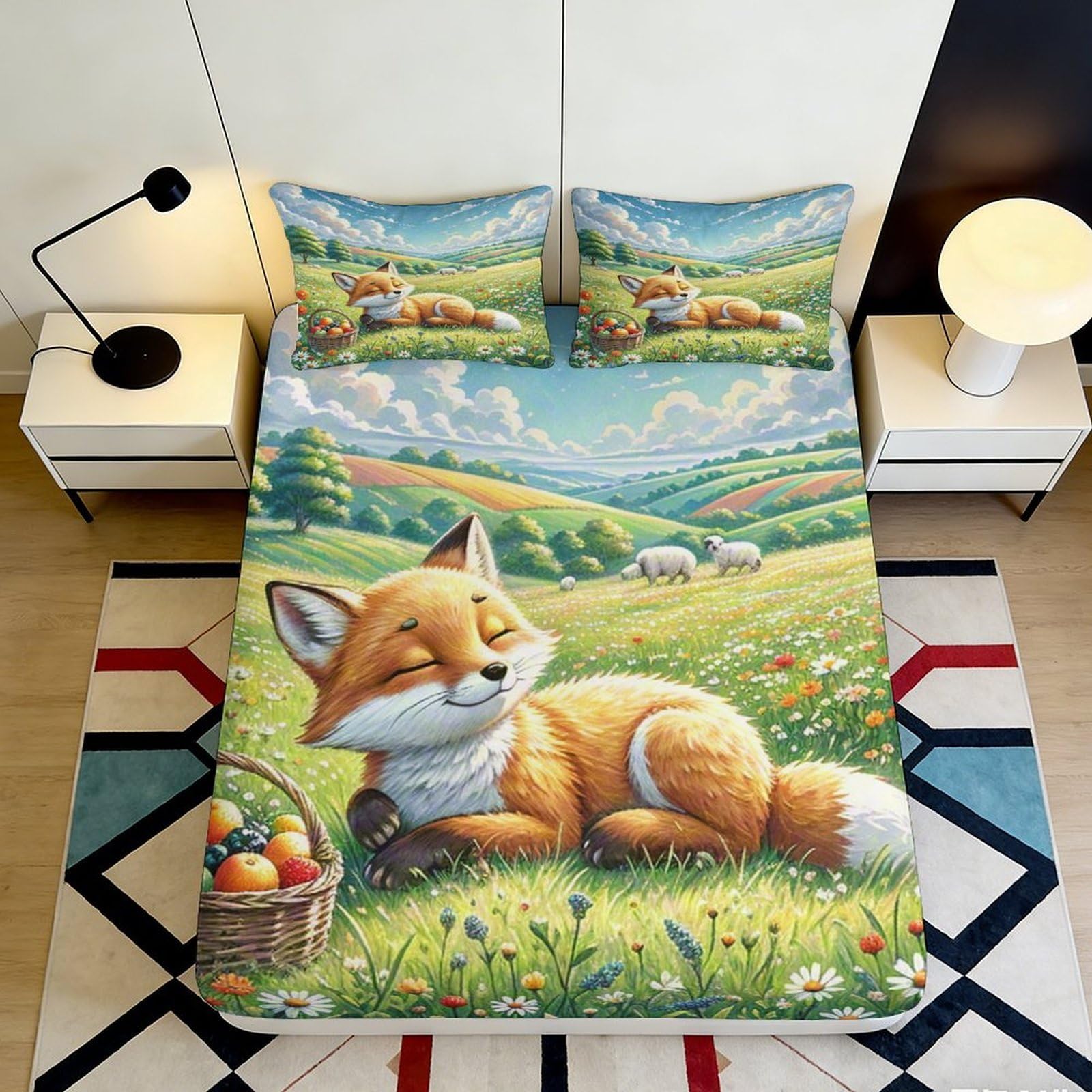 3D Printed Fox Meadow Fitted Sheet Microfiber Soft Non-slip Woodland Sheep Mattress Cover for Bedroom Dorm Decor 120x200cm 200x200x25cm